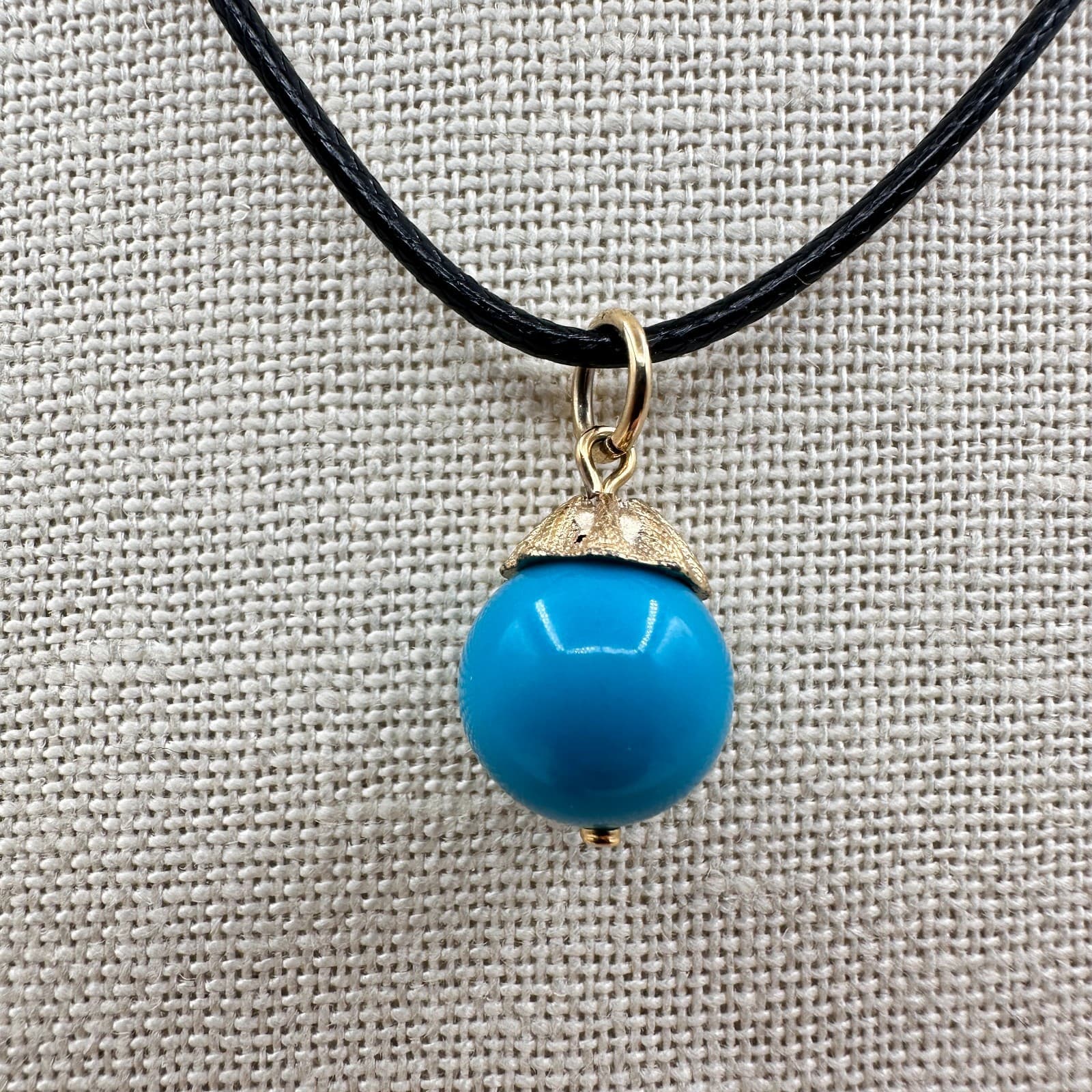 Vintage Y2K Gold Tone Blue Ball Pendant Necklace Black Cord Boho Fashion Jewelry - Thumbnail 3