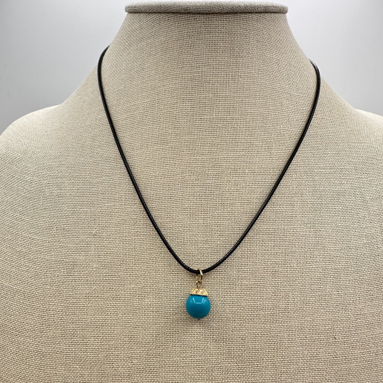 Vintage Y2K Gold Tone Blue Ball Pendant Necklace Black Cord Boho Fashion Jewelry - Thumbnail 2