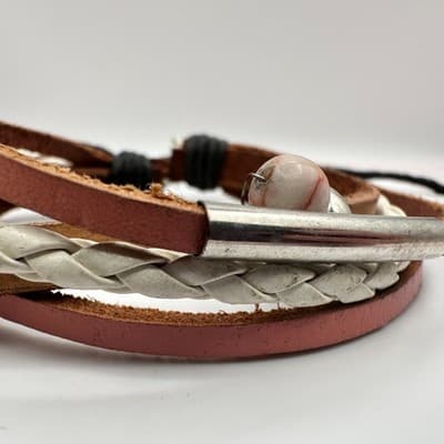 Vintage 80s layer Braided Leather Bracelet Silver Tone Accent Charm jewelry - Thumbnail 6