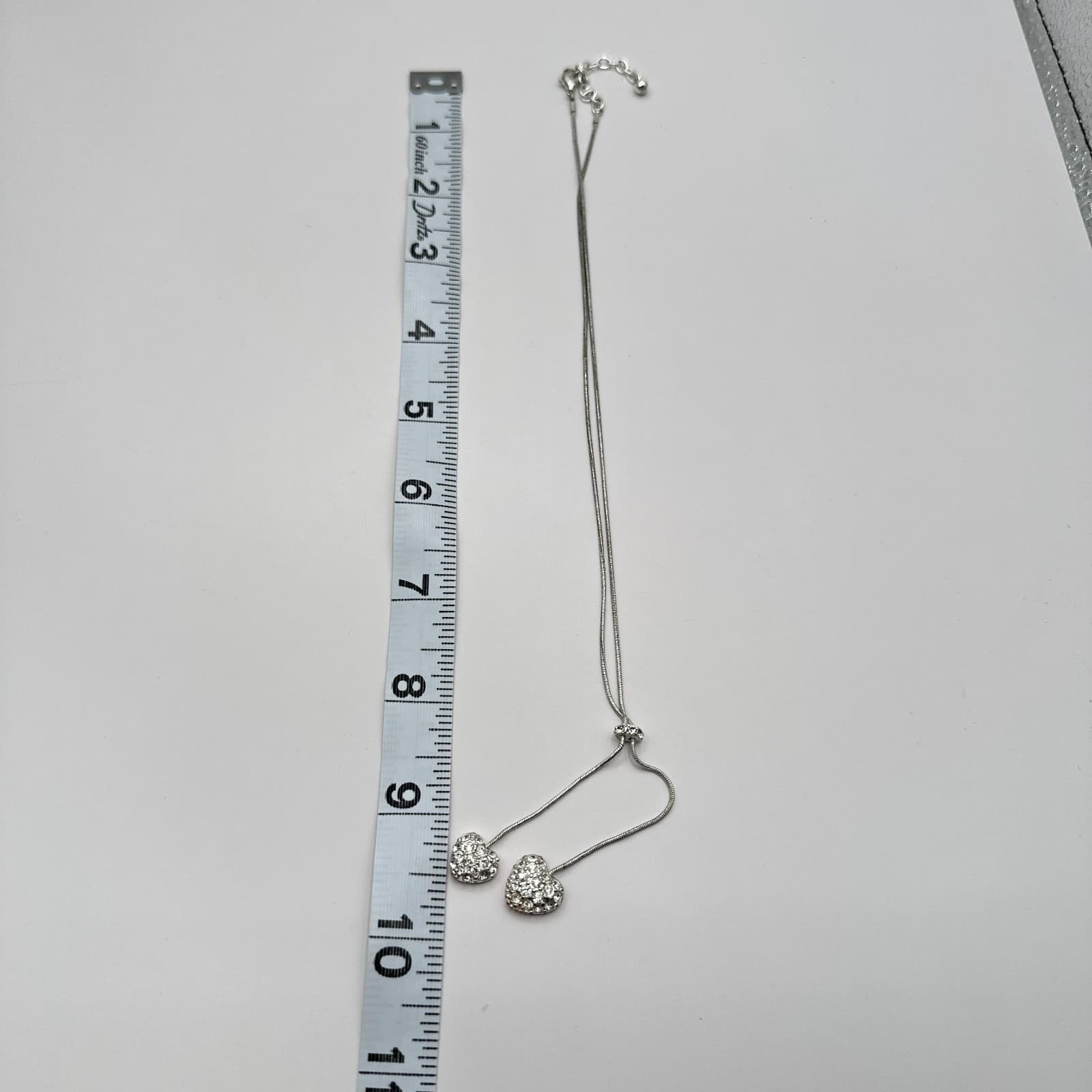 Vintage 90s Silver Pave Rhinestone Puffy Heart Lariat Necklace Tie Retro Jewelry - Thumbnail 8