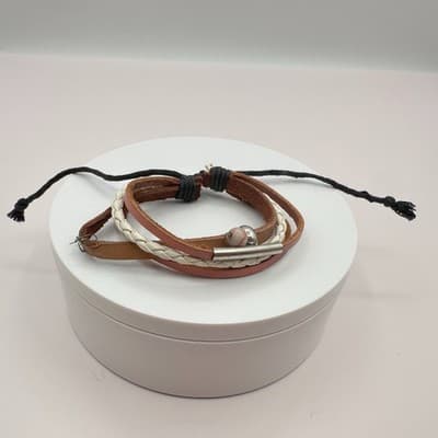 Vintage 80s layer Braided Leather Bracelet Silver Tone Accent Charm jewelry - Thumbnail 3
