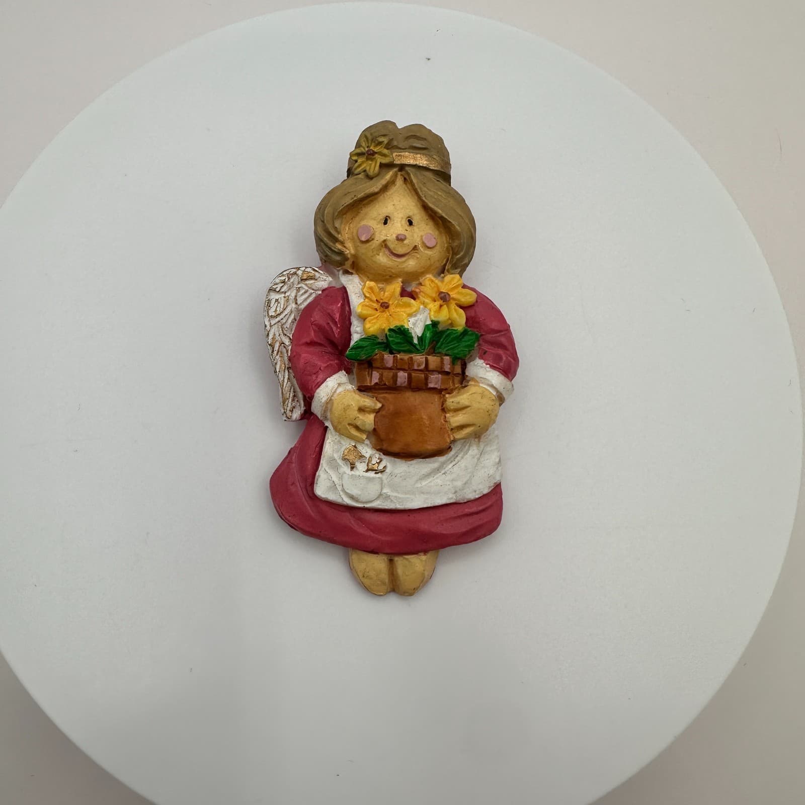Vintage 90s Angel Brooch Gardener Girl Pink Dress Yellow Flowers Pin Jewelry - Thumbnail 2