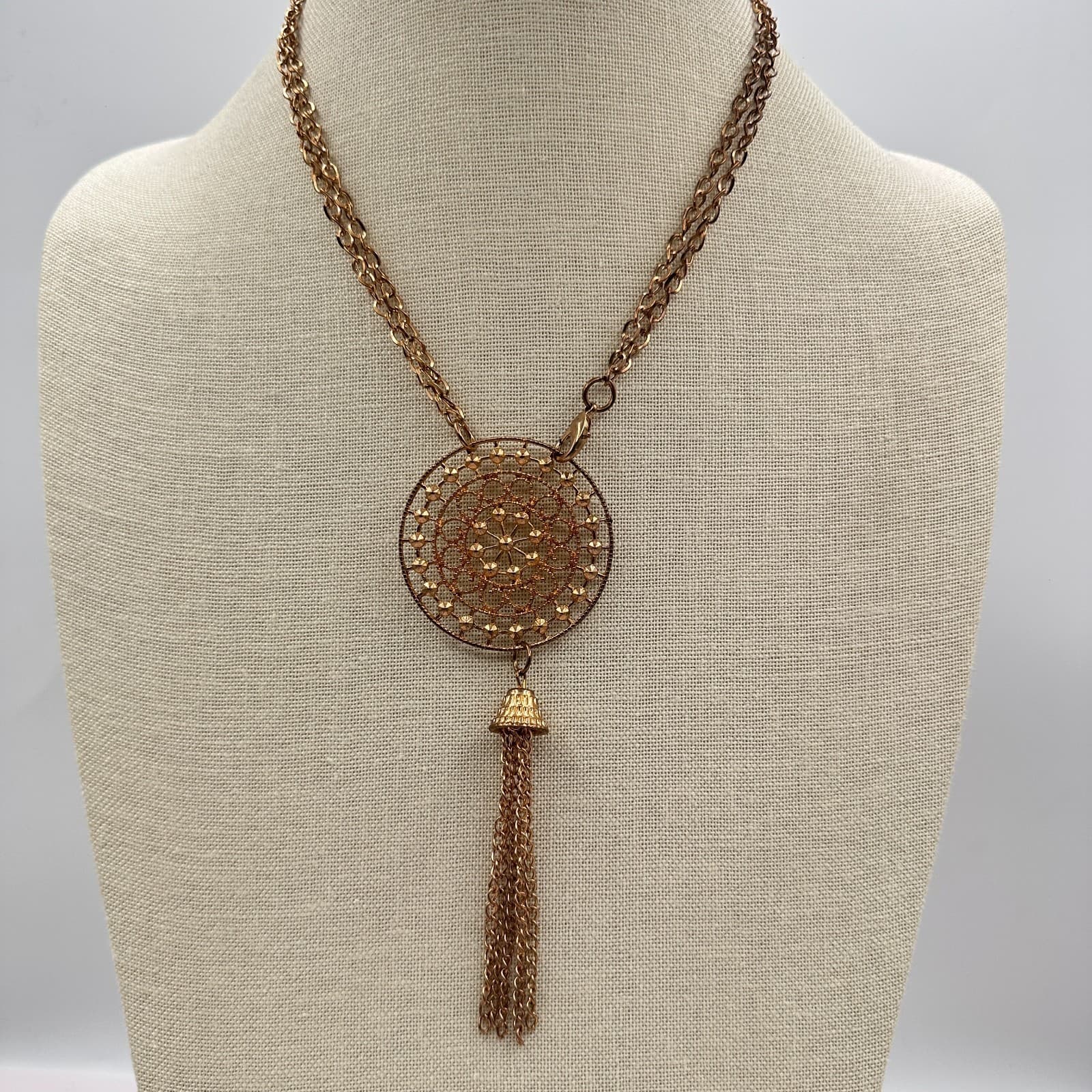 Vintage 80s Bronze Tone Tassel Pendant Necklace Filigree Bead Statement Jewelry - Thumbnail 2