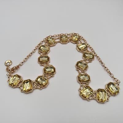 Vintage Y2K Gold Tone Emerald Cut Yellow Rhinestone Statement Necklace Jewelry - Thumbnail 6
