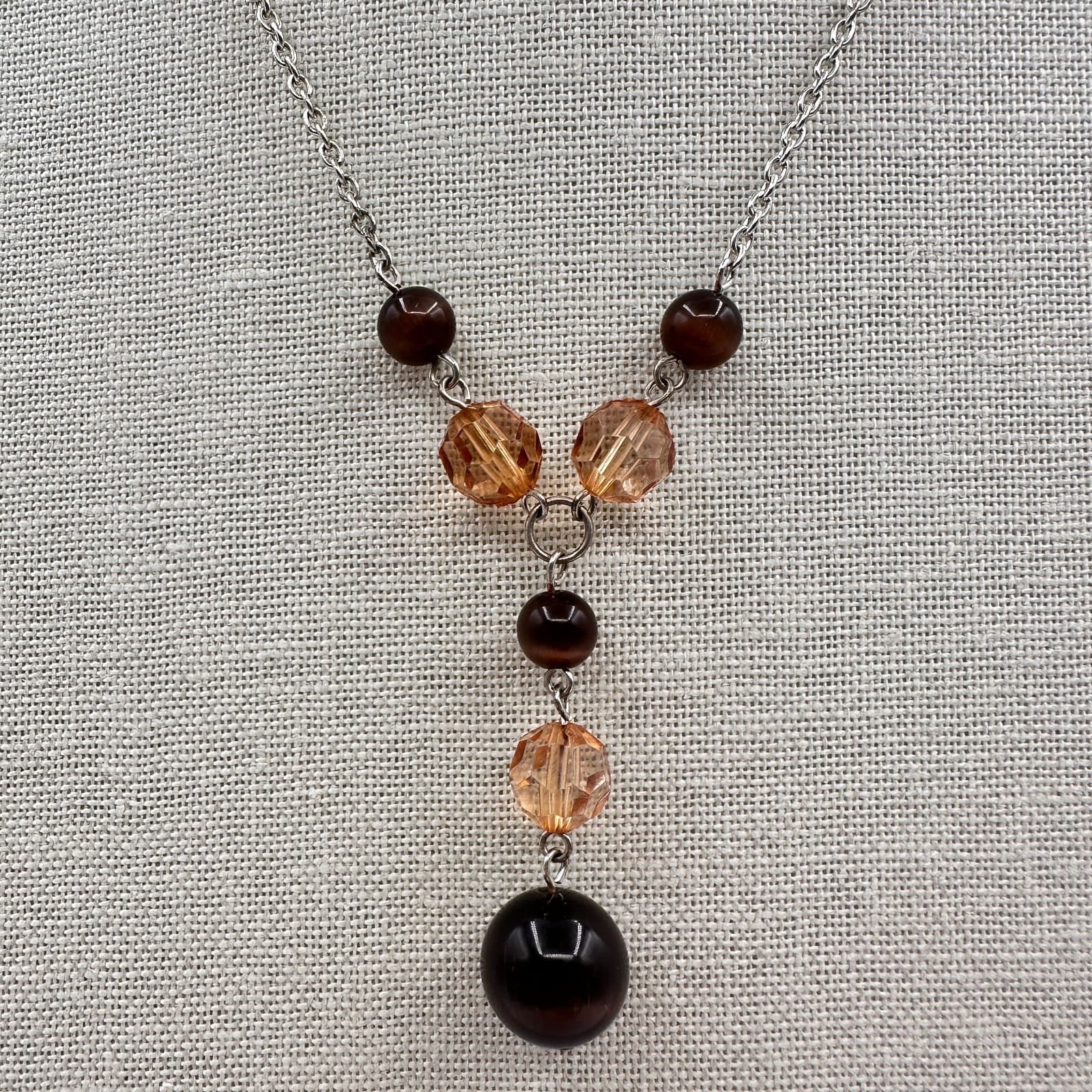 Vintage Y2K Silver Tone Beaded Y-Drop Necklace Boho Statement Women's Jewelry - Thumbnail 2