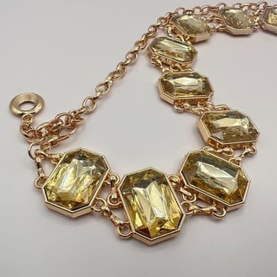 Vintage Y2K Gold Tone Emerald Cut Yellow Rhinestone Statement Necklace Jewelry - Thumbnail 7