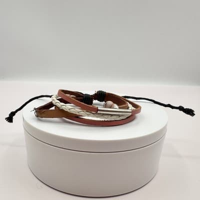Vintage 80s layer Braided Leather Bracelet Silver Tone Accent Charm jewelry - Thumbnail 2