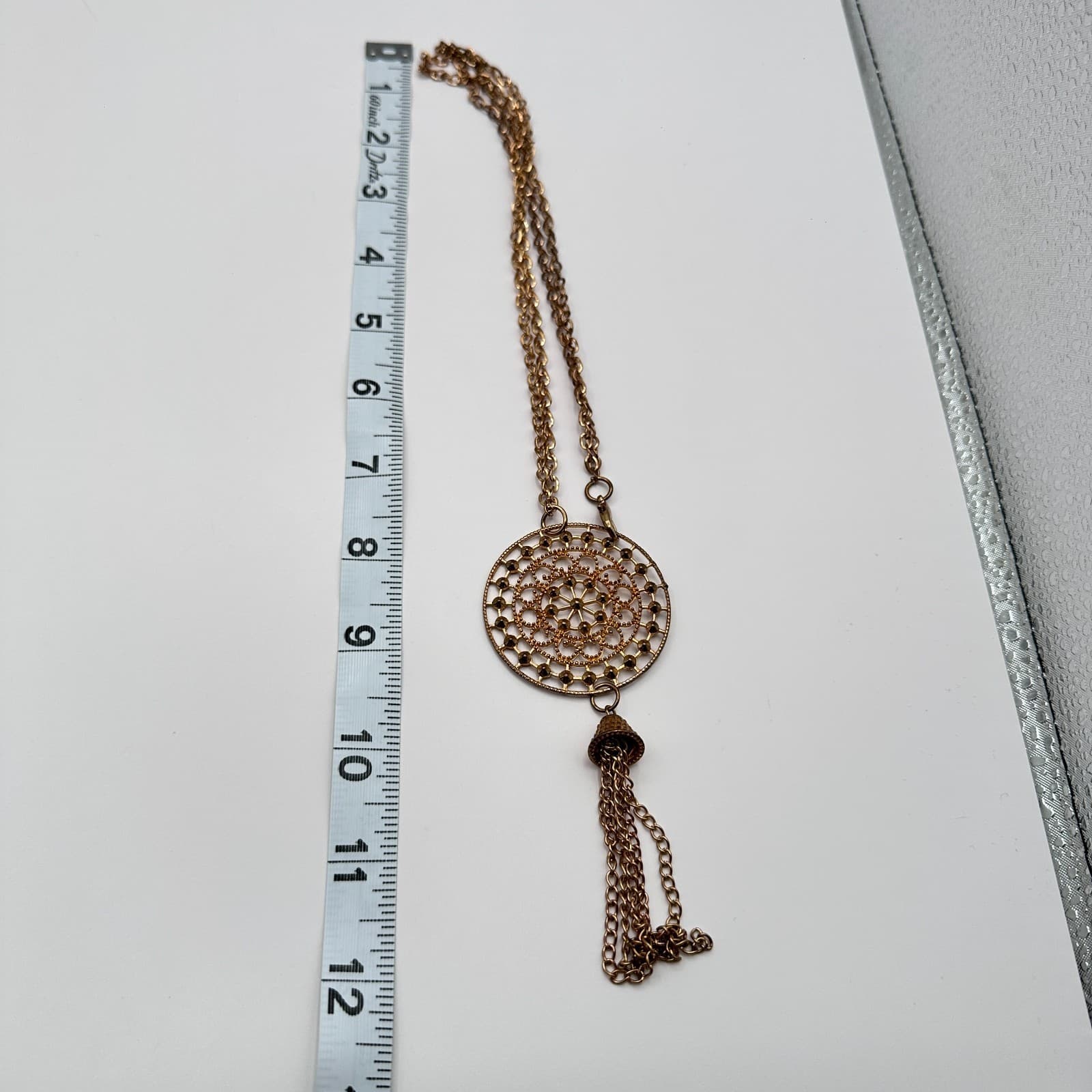 Vintage 80s Bronze Tone Tassel Pendant Necklace Filigree Bead Statement Jewelry - Thumbnail 11