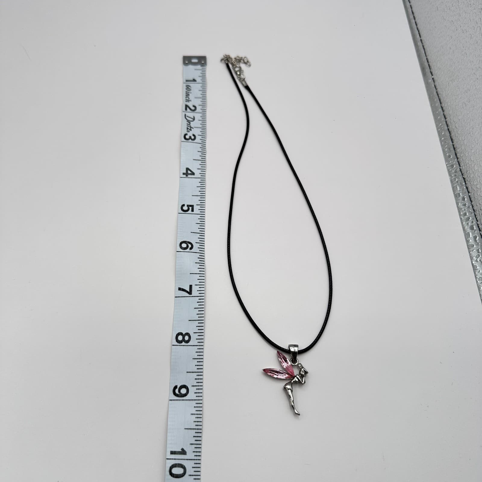 Vintage 90s Silver Tone Pnk Fairy Tinkerbell Pendant Necklace Black Cord Jewelry - Thumbnail 8