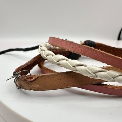 Vintage 80s layer Braided Leather Bracelet Silver Tone Accent Charm jewelry - Thumbnail 5