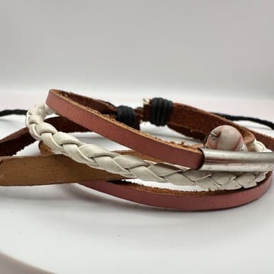 Vintage 80s layer Braided Leather Bracelet Silver Tone Accent Charm jewelry - Thumbnail 4