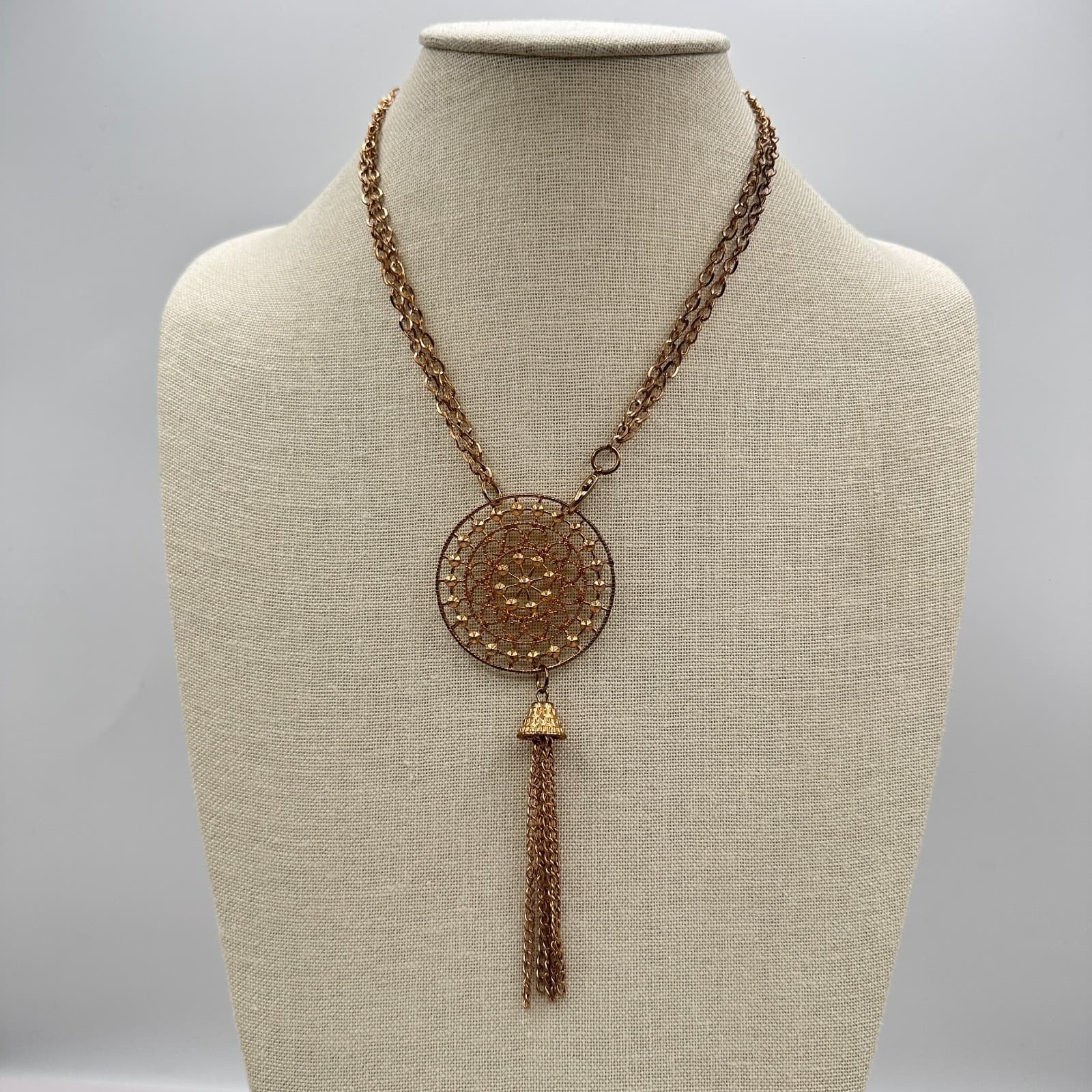 Vintage 80s Bronze Tone Tassel Pendant Necklace Filigree Bead Statement Jewelry - Thumbnail 10