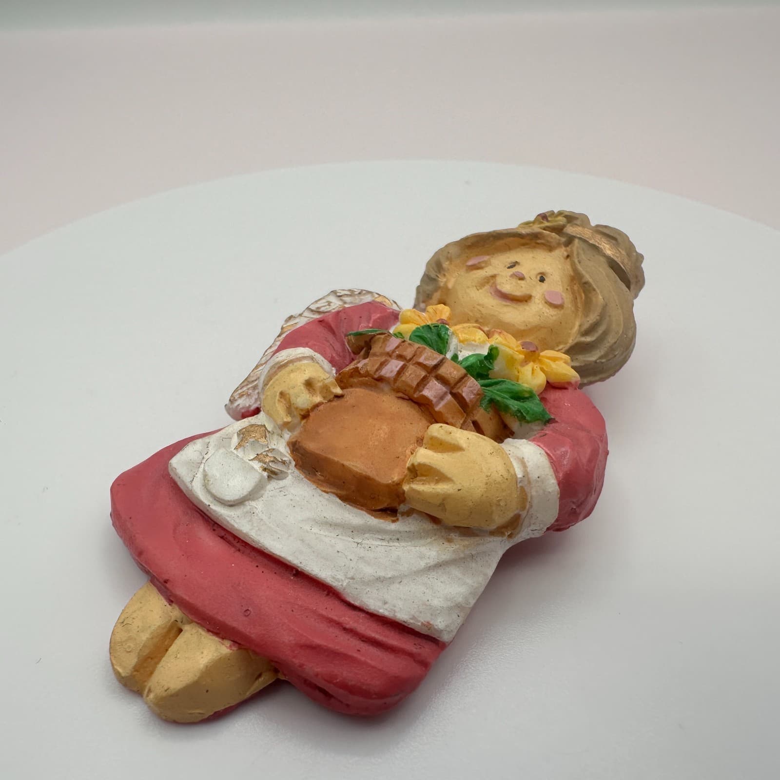 Vintage 90s Angel Brooch Gardener Girl Pink Dress Yellow Flowers Pin Jewelry - Thumbnail 6