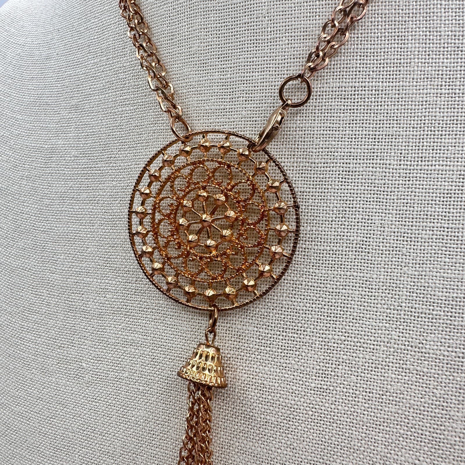 Vintage 80s Bronze Tone Tassel Pendant Necklace Filigree Bead Statement Jewelry - Thumbnail 6