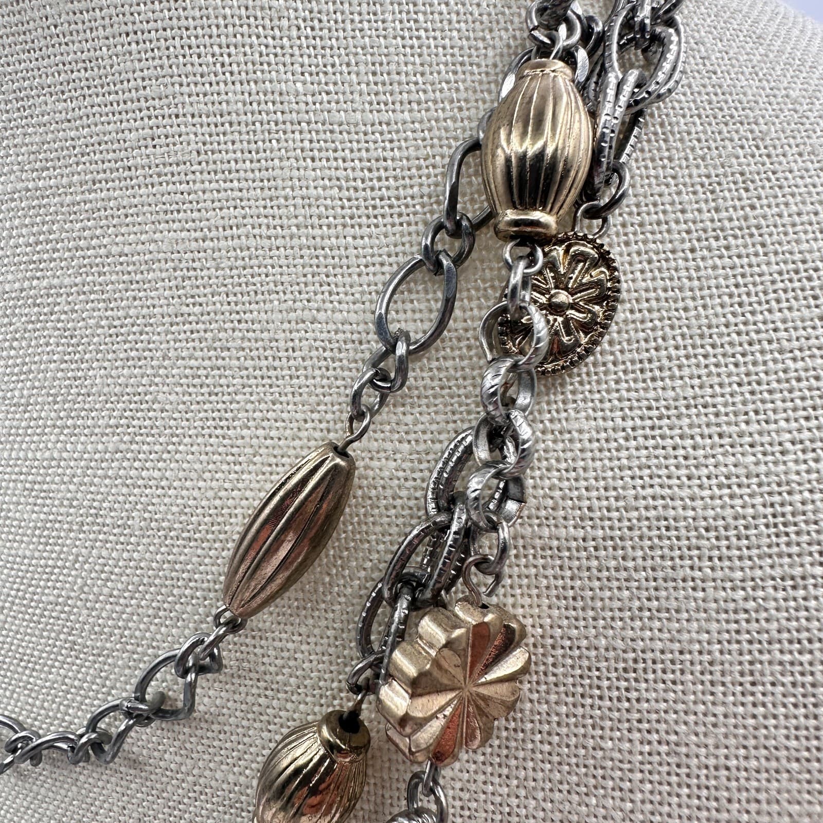Vintage 80s Strands Tone Statement Necklace Gold Silver Oval Flower Bead Jewelry - Thumbnail 7
