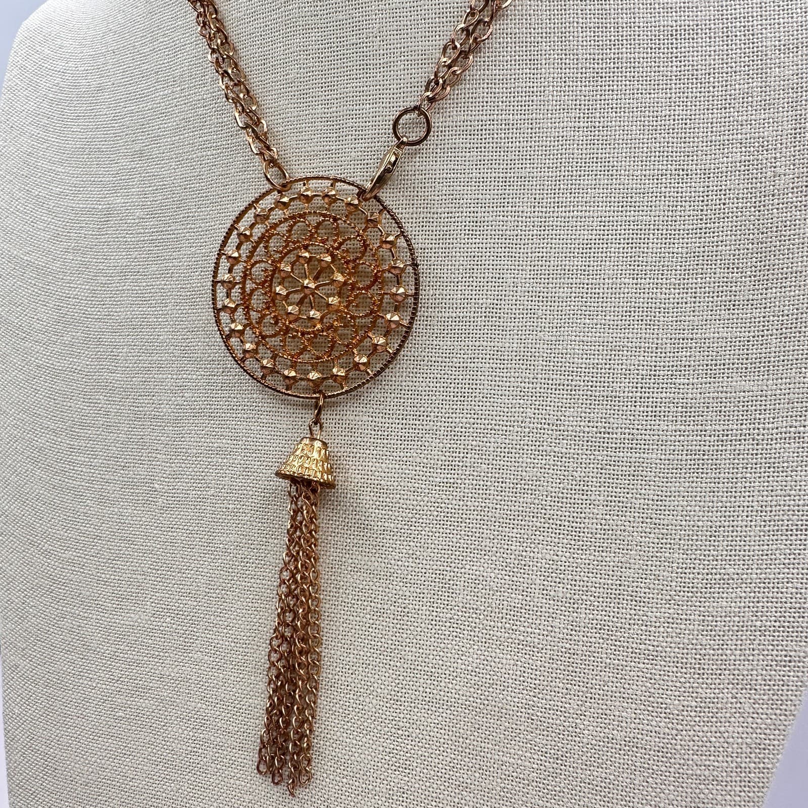 Vintage 80s Bronze Tone Tassel Pendant Necklace Filigree Bead Statement Jewelry - Thumbnail 7