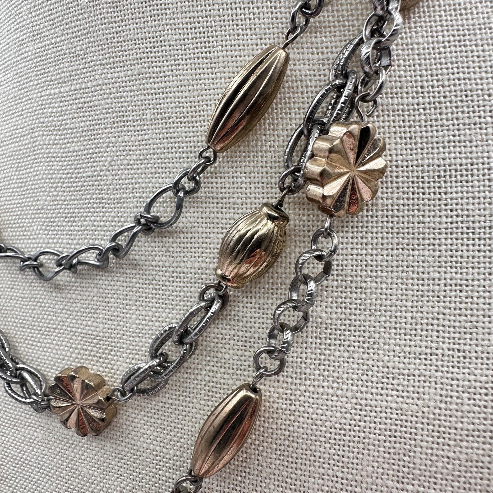 Vintage 80s Strands Tone Statement Necklace Gold Silver Oval Flower Bead Jewelry - Thumbnail 6