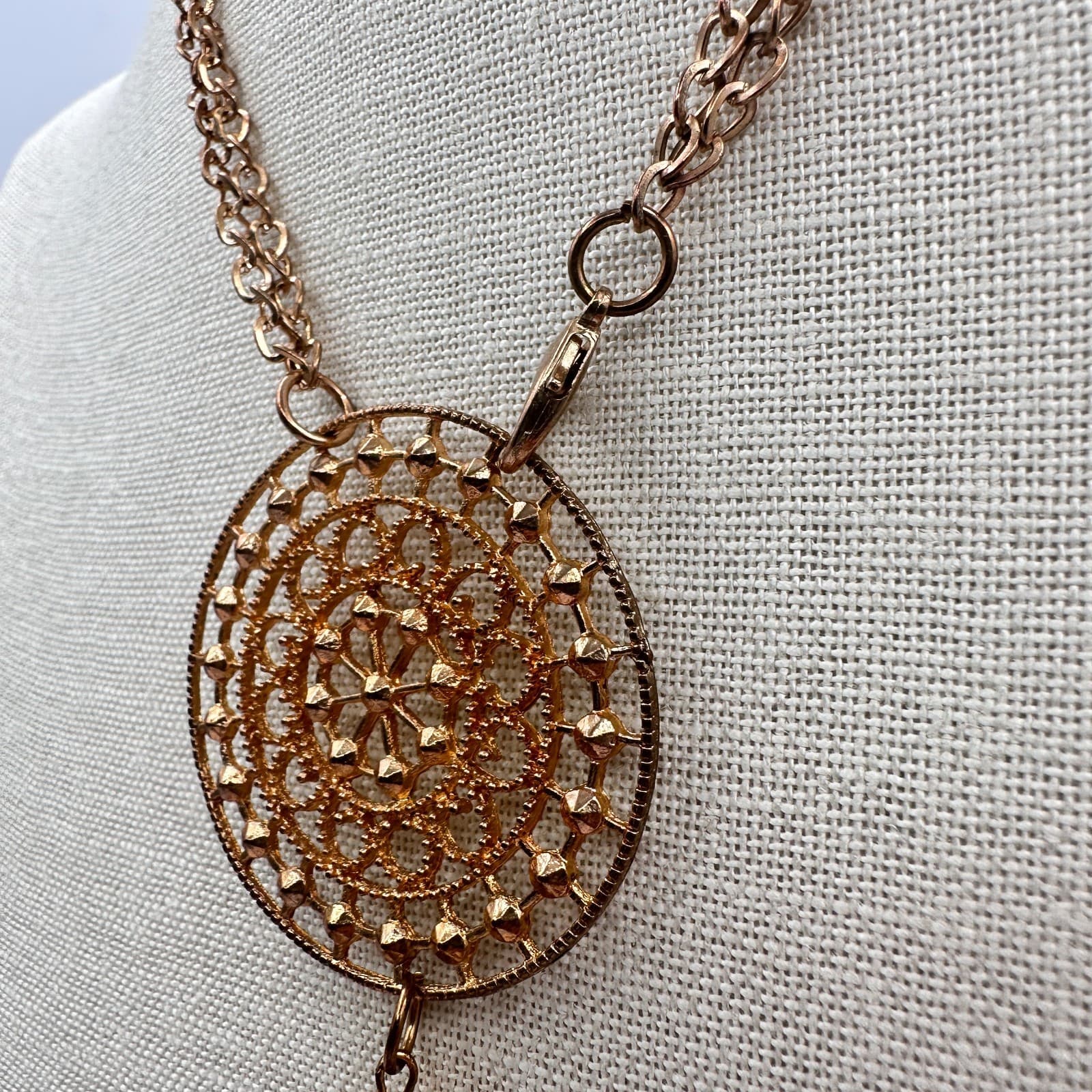 Vintage 80s Bronze Tone Tassel Pendant Necklace Filigree Bead Statement Jewelry - Thumbnail 8