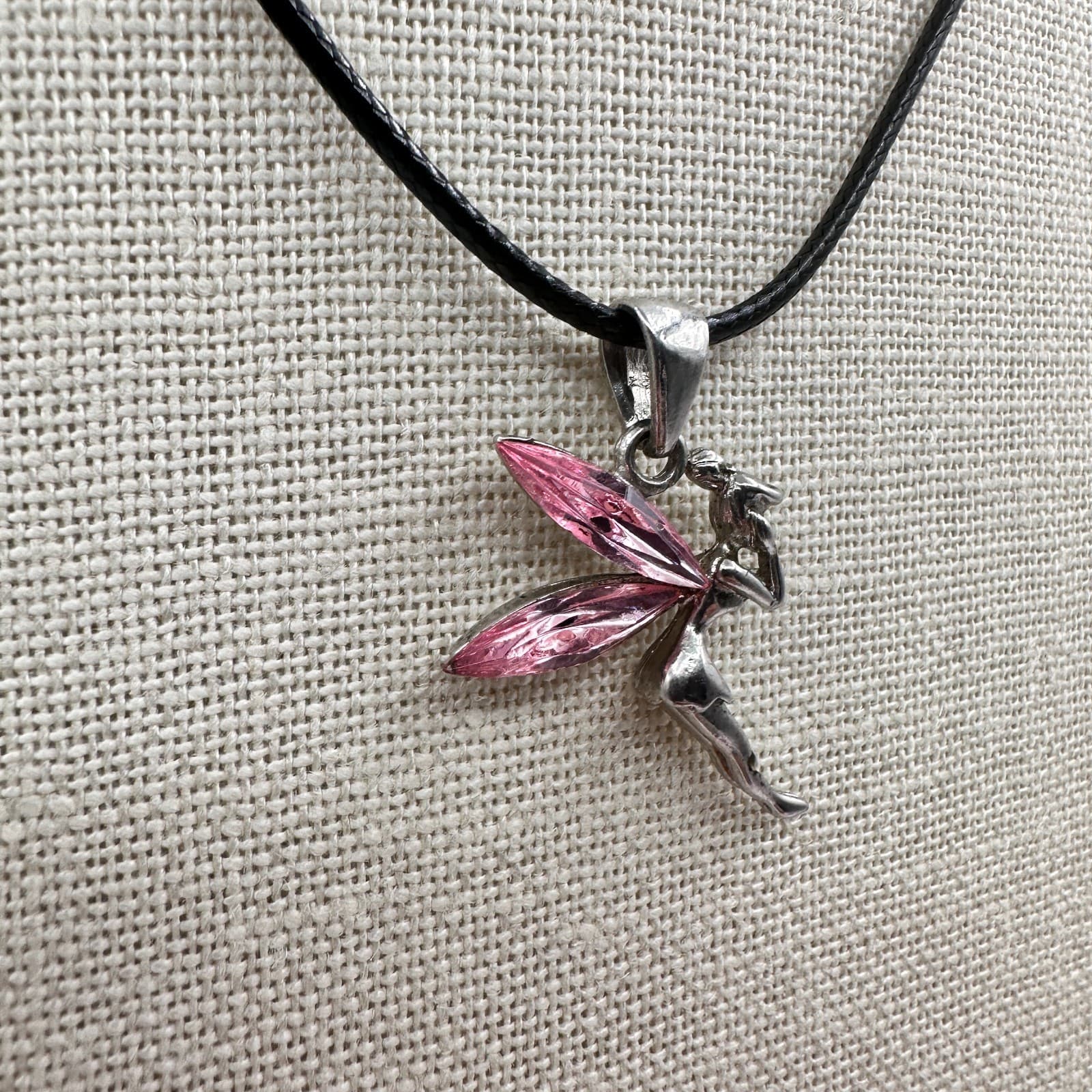 Vintage 90s Silver Tone Pnk Fairy Tinkerbell Pendant Necklace Black Cord Jewelry - Thumbnail 4