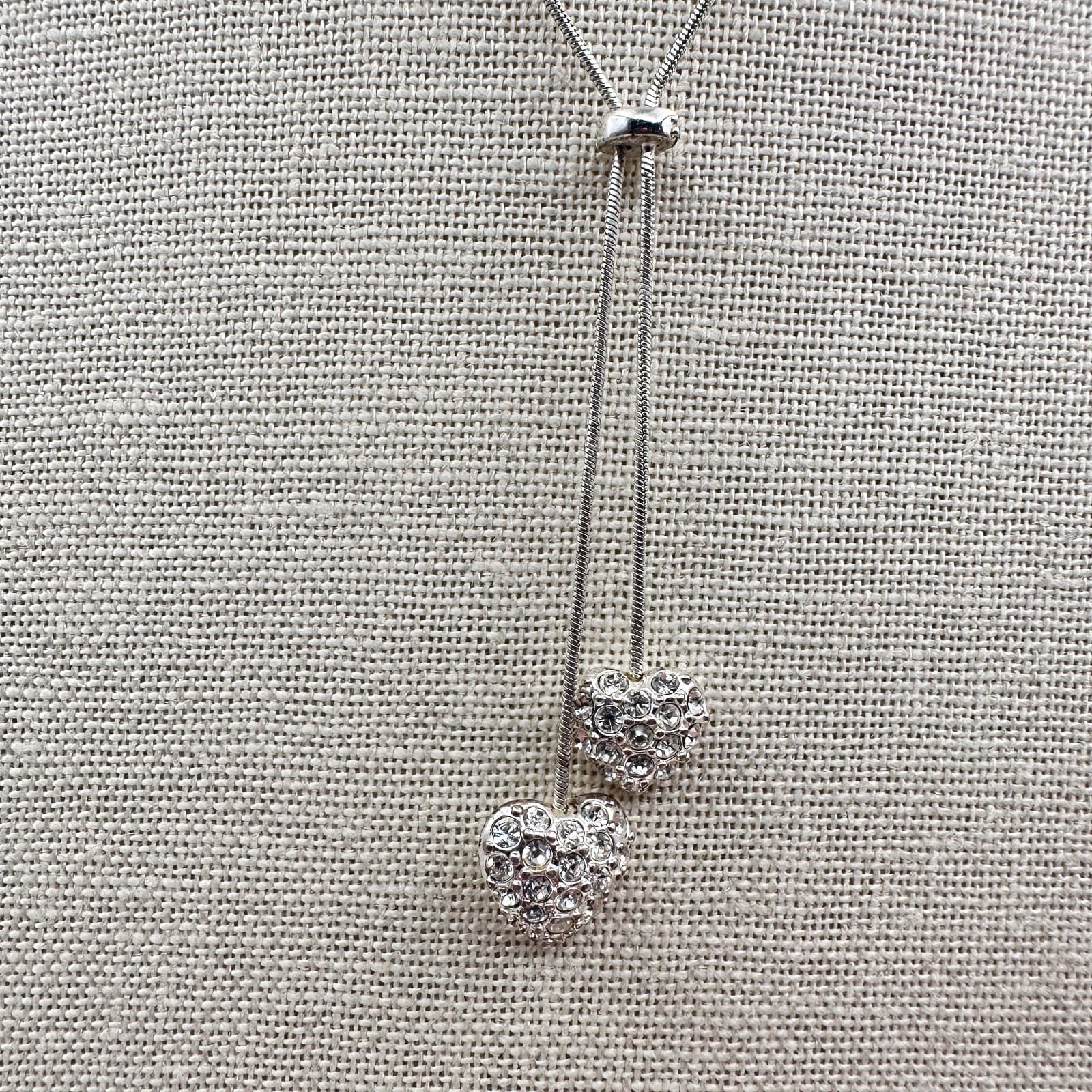 Vintage 90s Silver Pave Rhinestone Puffy Heart Lariat Necklace Tie Retro Jewelry - Thumbnail 3