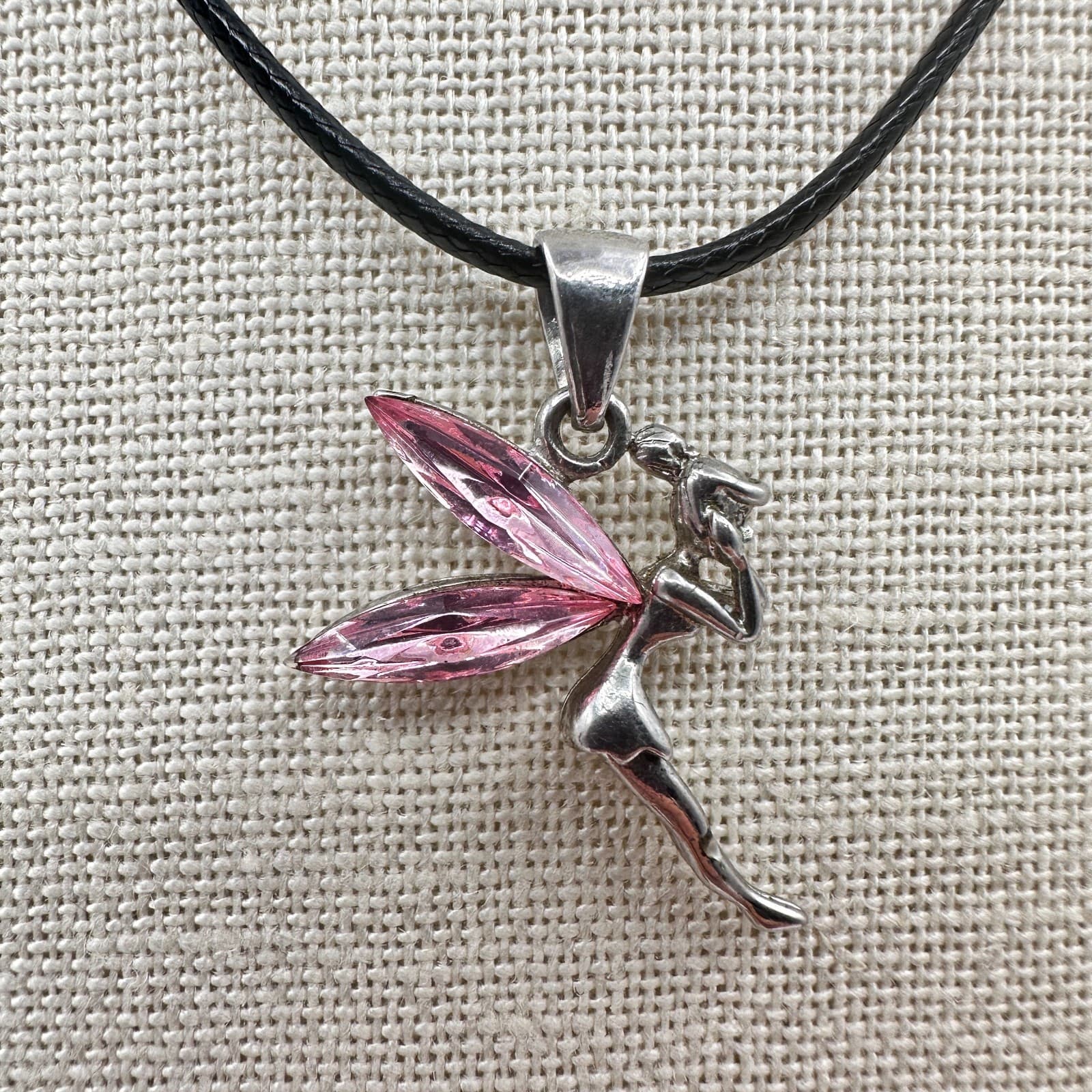 Vintage 90s Silver Tone Pnk Fairy Tinkerbell Pendant Necklace Black Cord Jewelry - Thumbnail 2