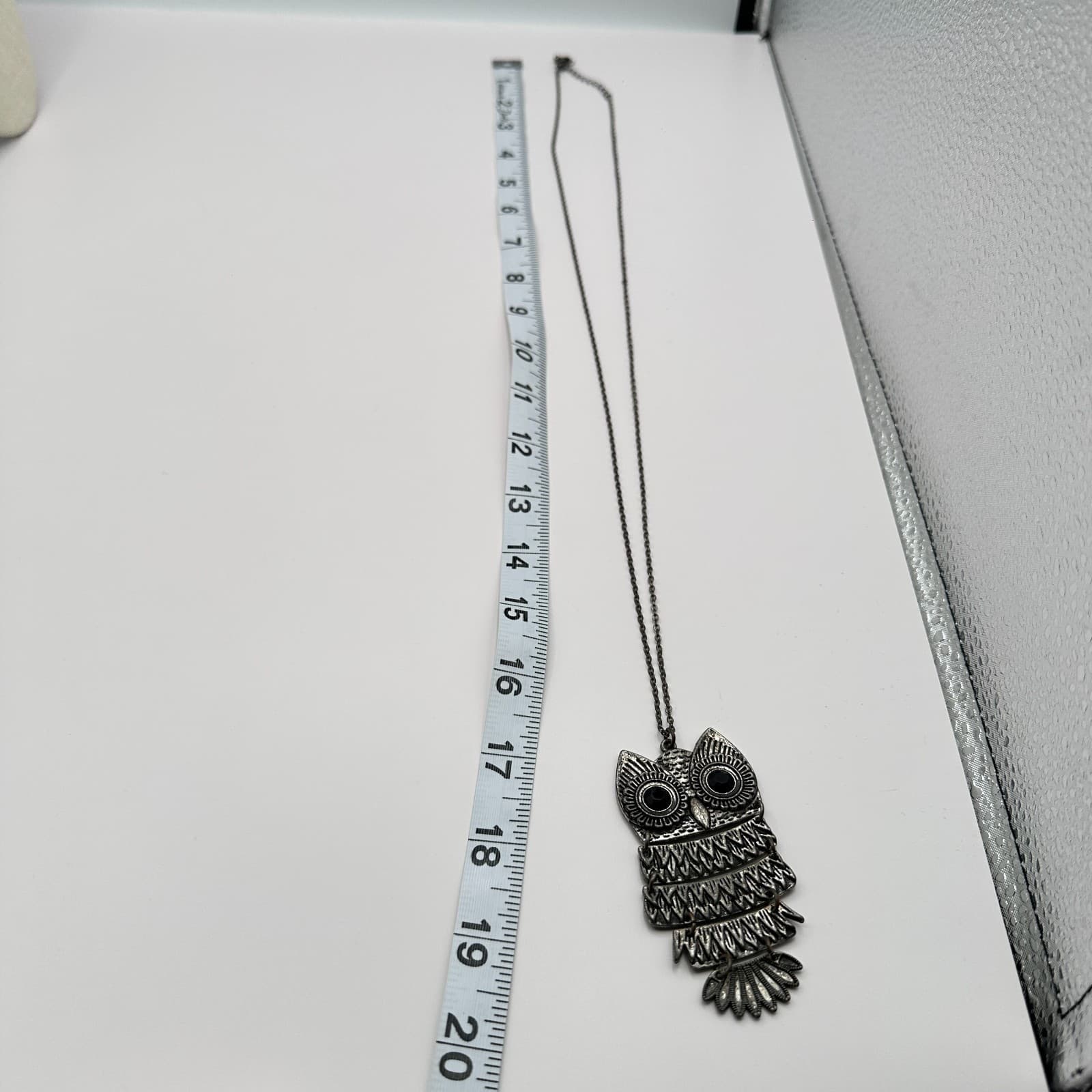 Vintage 80s Owl Pendant Necklace Articulated Black Crystal Rhinestone Jewelry - Thumbnail 6
