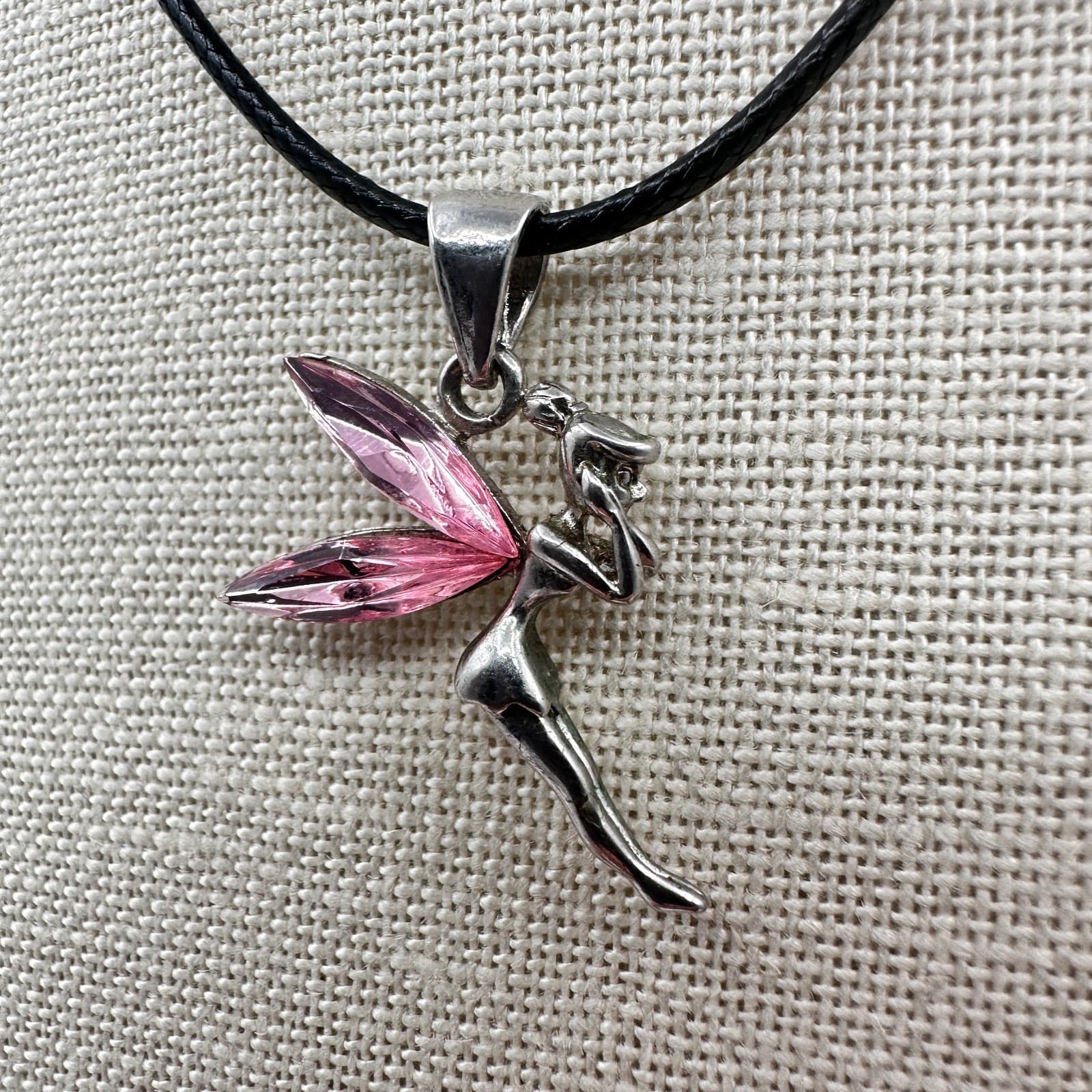 Vintage 90s Silver Tone Pnk Fairy Tinkerbell Pendant Necklace Black Cord Jewelry - Thumbnail 3