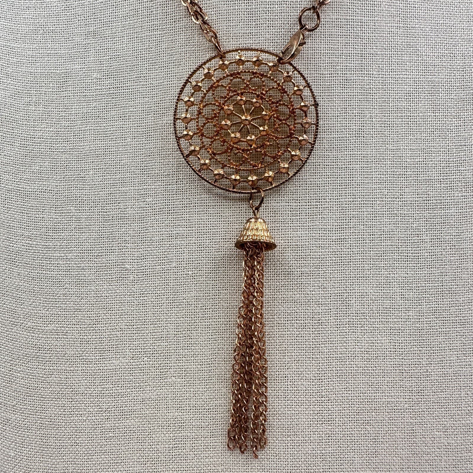 Vintage 80s Bronze Tone Tassel Pendant Necklace Filigree Bead Statement Jewelry - Thumbnail 3