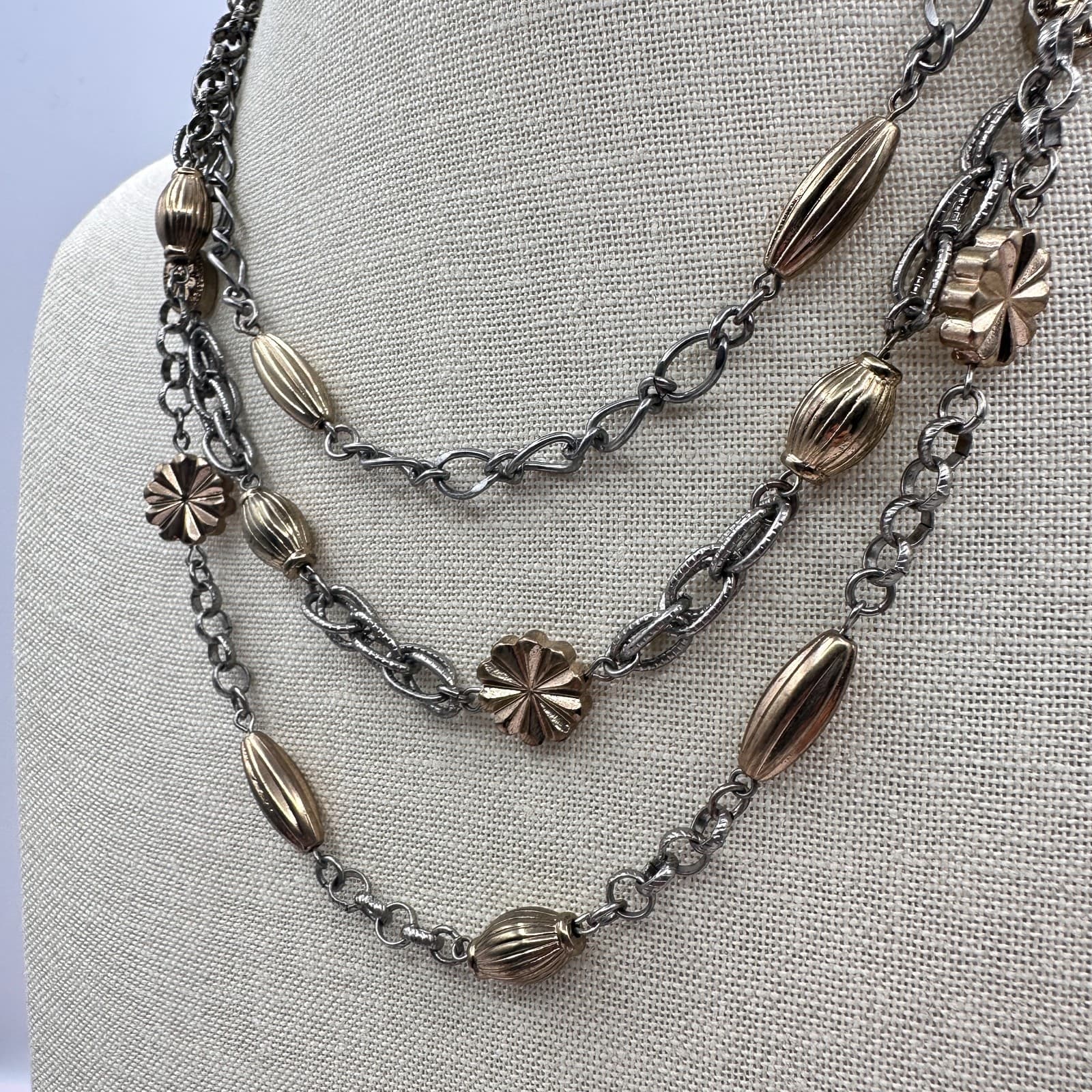 Vintage 80s Strands Tone Statement Necklace Gold Silver Oval Flower Bead Jewelry - Thumbnail 5