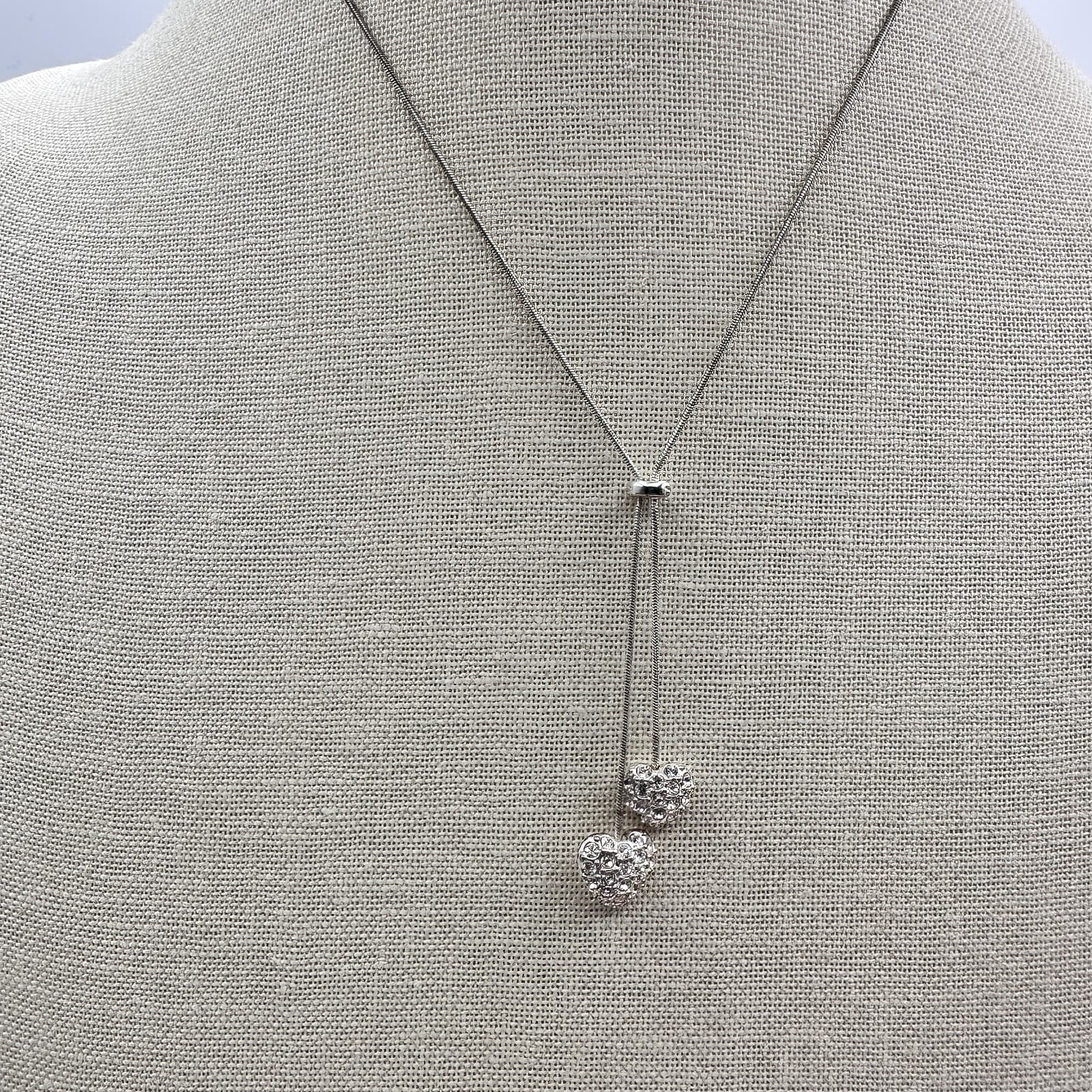 Vintage 90s Silver Pave Rhinestone Puffy Heart Lariat Necklace Tie Retro Jewelry - Thumbnail 4