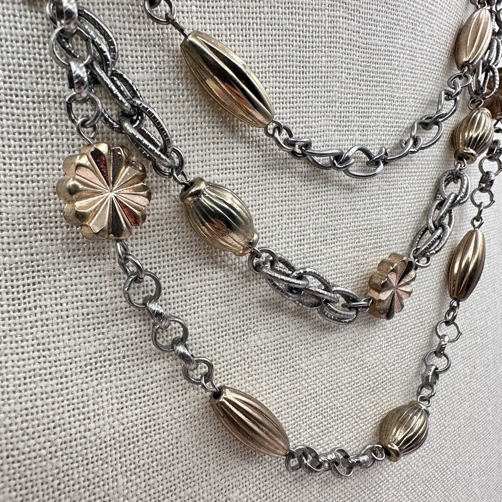 Vintage 80s Strands Tone Statement Necklace Gold Silver Oval Flower Bead Jewelry - Thumbnail 4