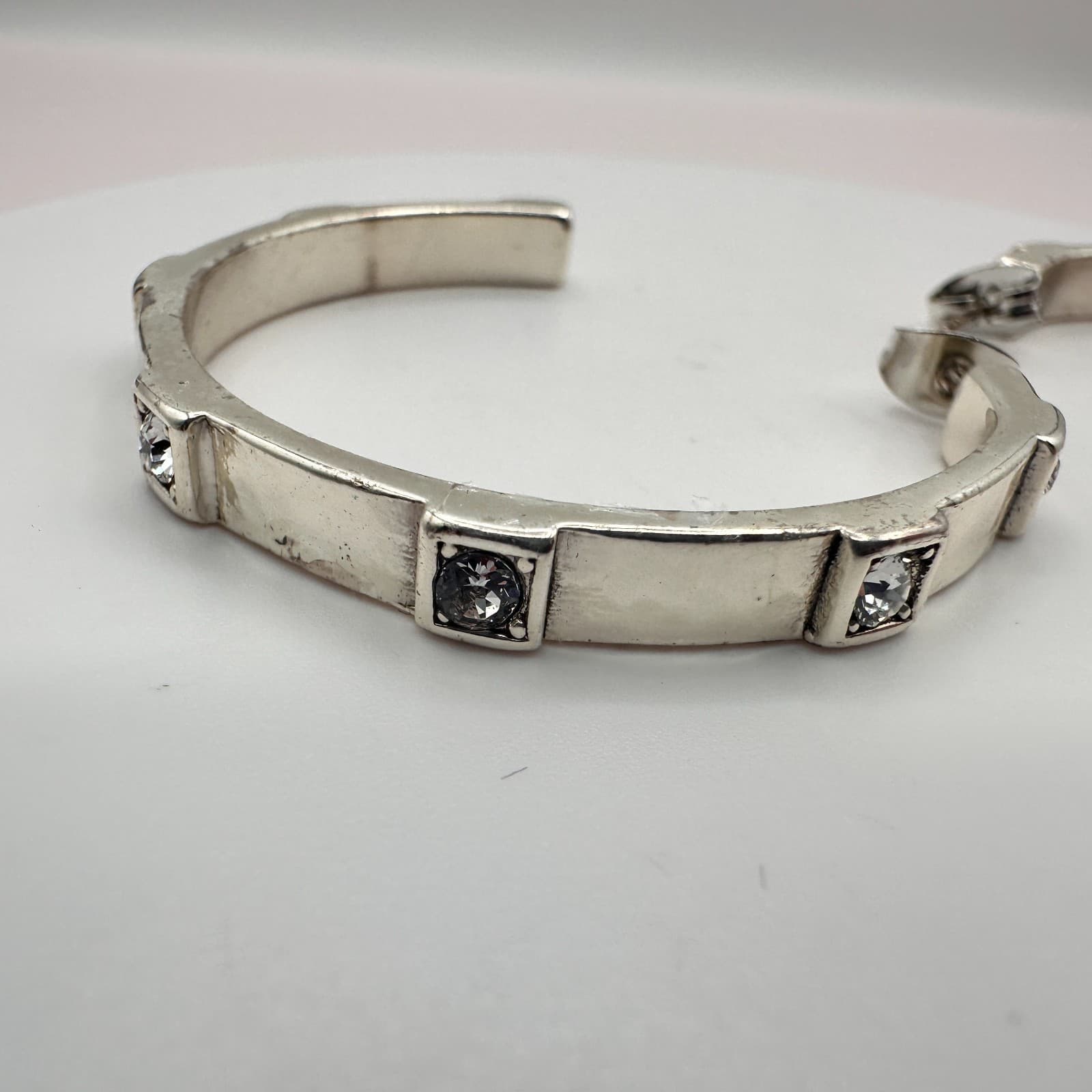 Vintage 90s Silver Tone C-Shape Glass Accent Wide Hoop Earrings Retro Fashion - Thumbnail 3