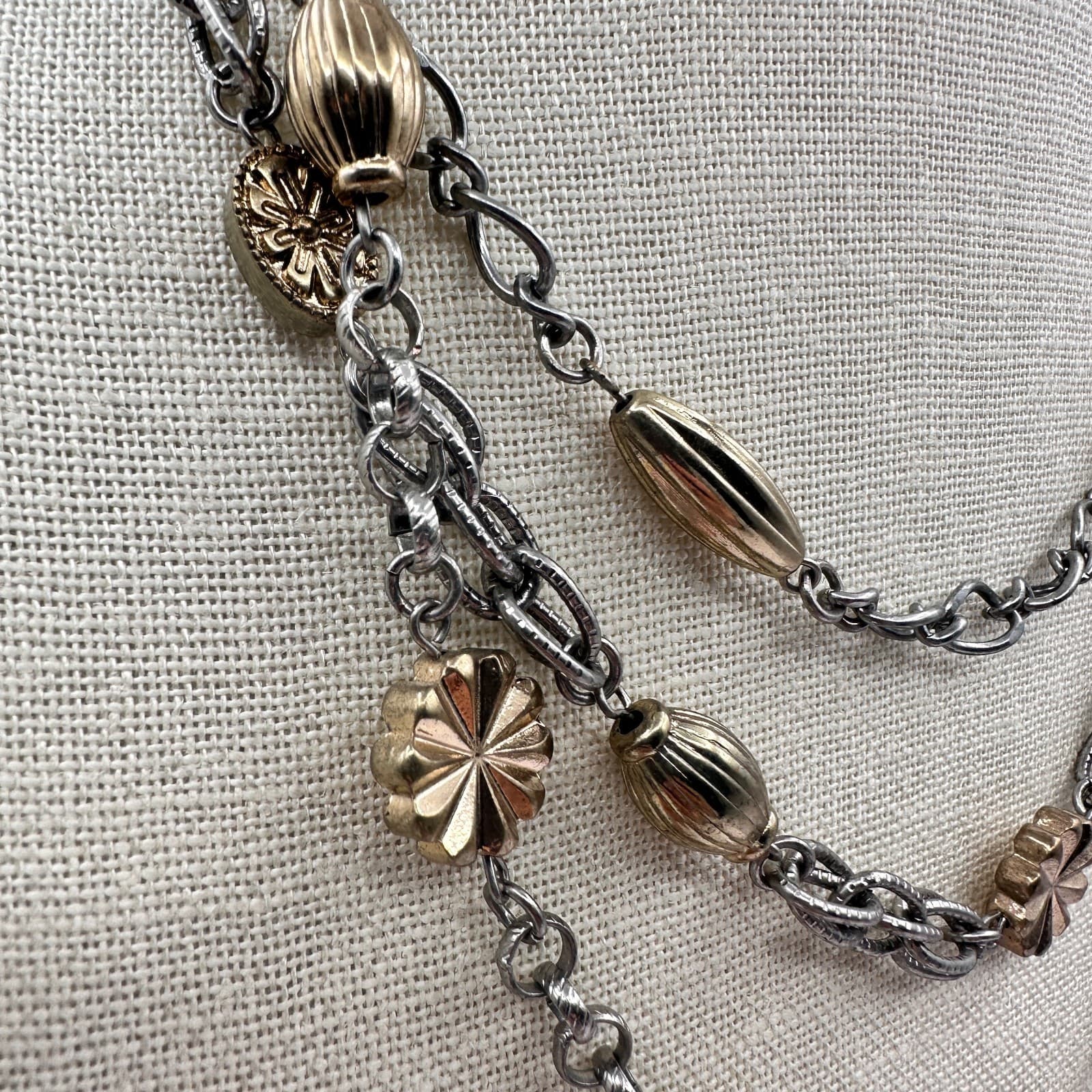 Vintage 80s Strands Tone Statement Necklace Gold Silver Oval Flower Bead Jewelry - Thumbnail 3