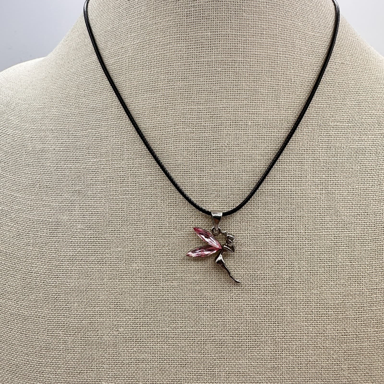 Vintage 90s Silver Tone Pnk Fairy Tinkerbell Pendant Necklace Black Cord Jewelry - Thumbnail 5