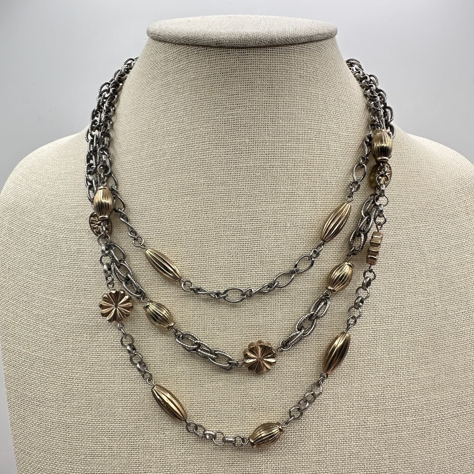 Vintage 80s Strands Tone Statement Necklace Gold Silver Oval Flower Bead Jewelry - Thumbnail 8
