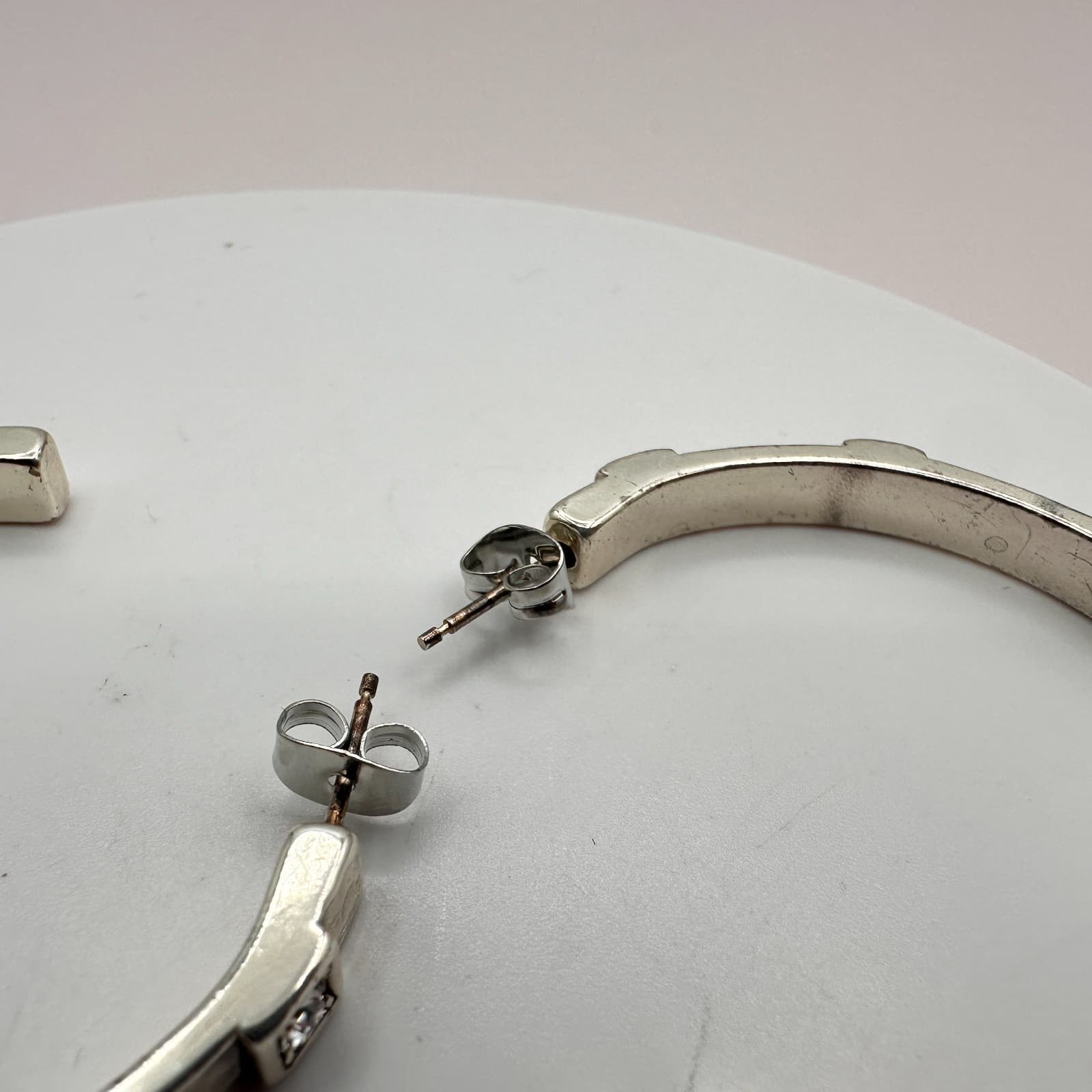 Vintage 90s Silver Tone C-Shape Glass Accent Wide Hoop Earrings Retro Fashion - Thumbnail 5