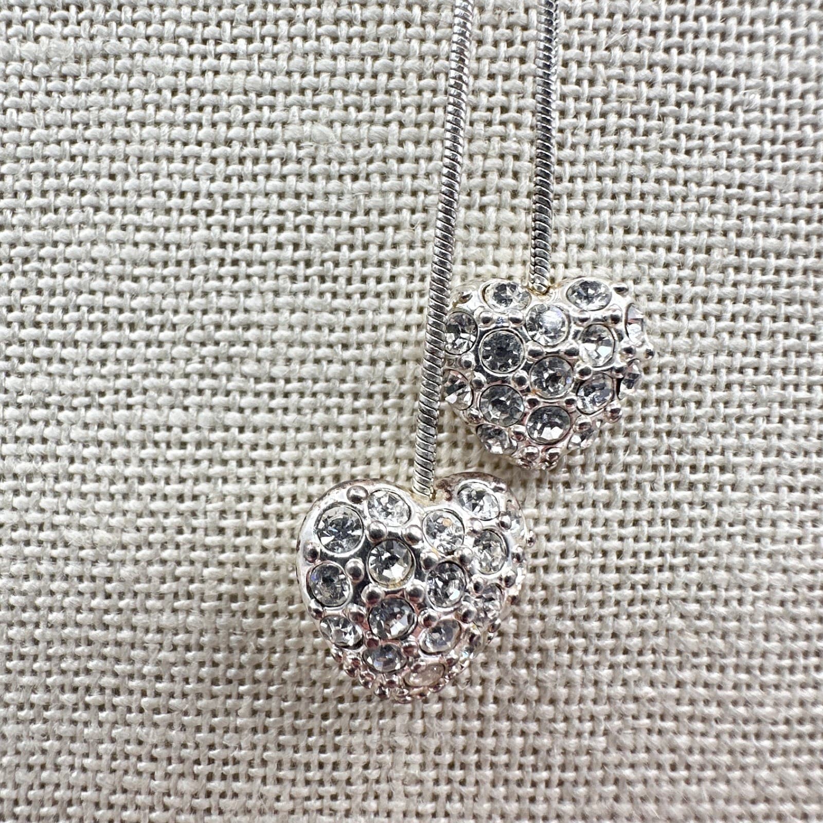 Vintage 90s Silver Pave Rhinestone Puffy Heart Lariat Necklace Tie Retro Jewelry - Thumbnail 6