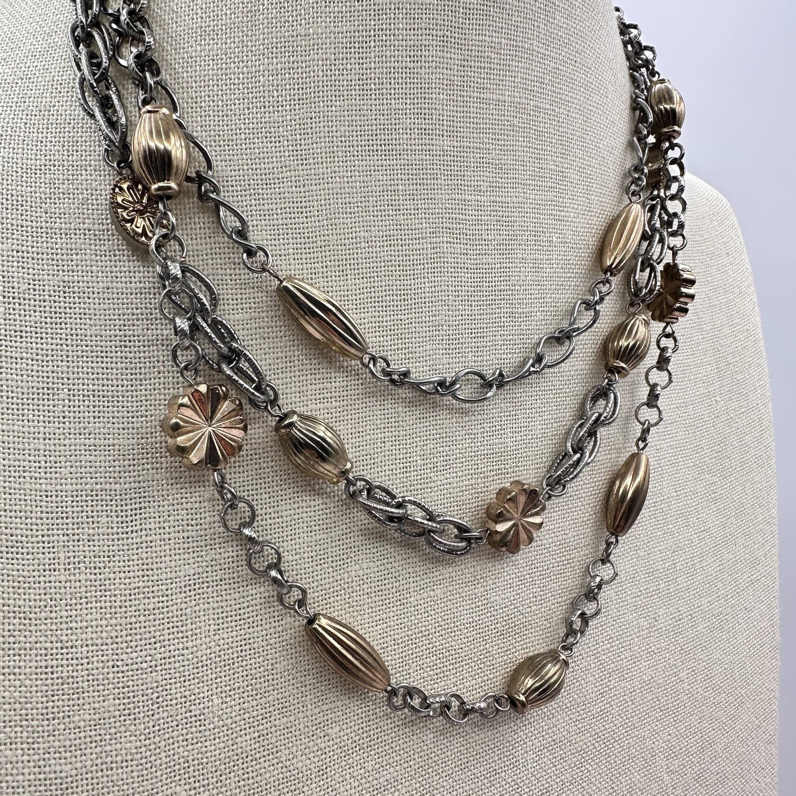 Vintage 80s Strands Tone Statement Necklace Gold Silver Oval Flower Bead Jewelry - Thumbnail 2