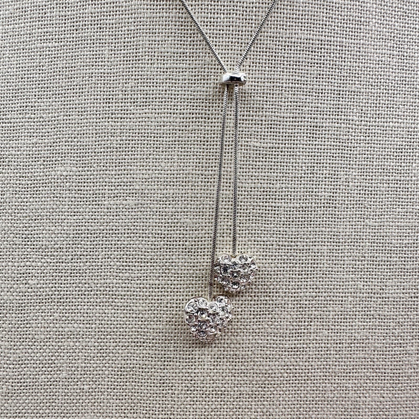 Vintage 90s Silver Pave Rhinestone Puffy Heart Lariat Necklace Tie Retro Jewelry - Thumbnail 2
