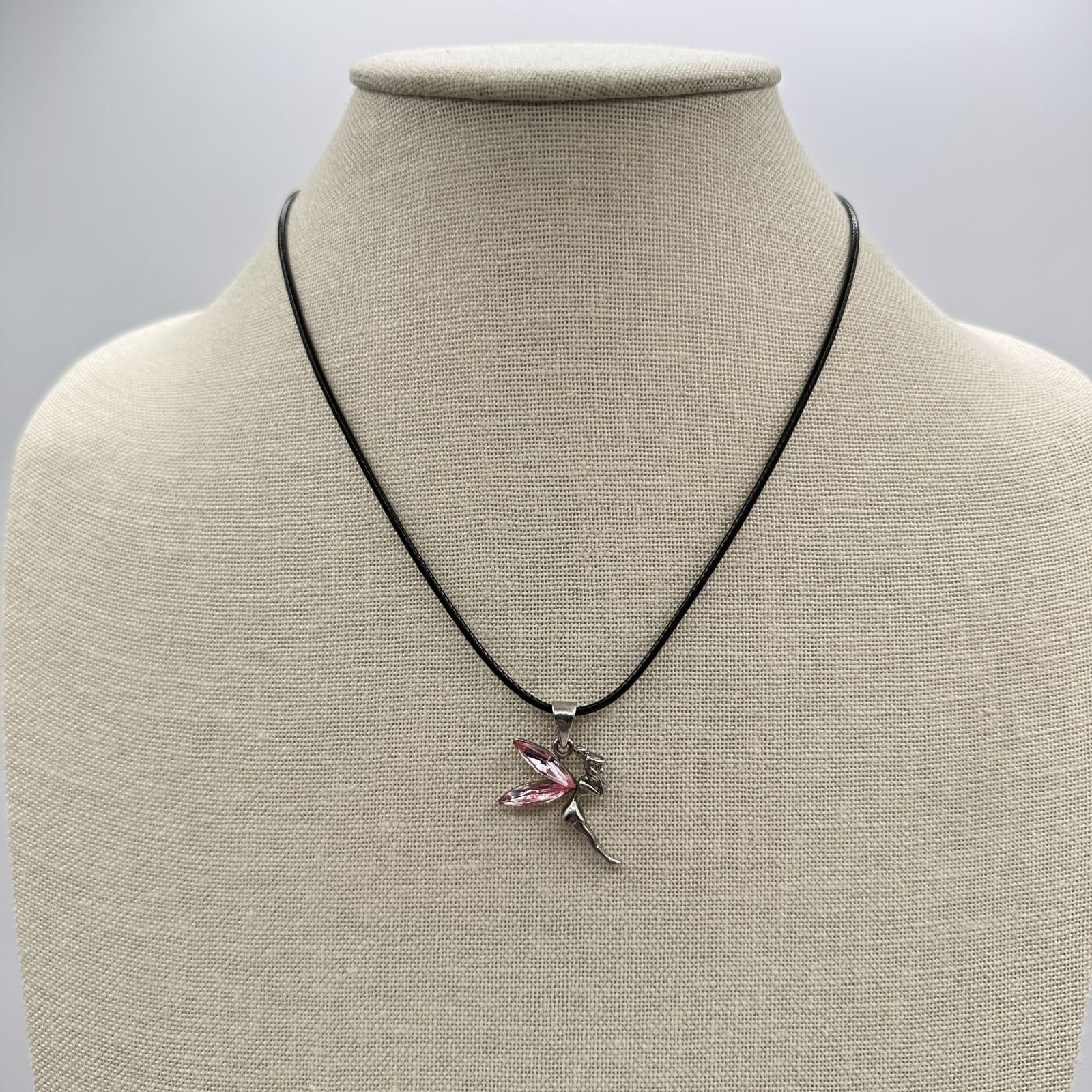 Vintage 90s Silver Tone Pnk Fairy Tinkerbell Pendant Necklace Black Cord Jewelry - Thumbnail 6