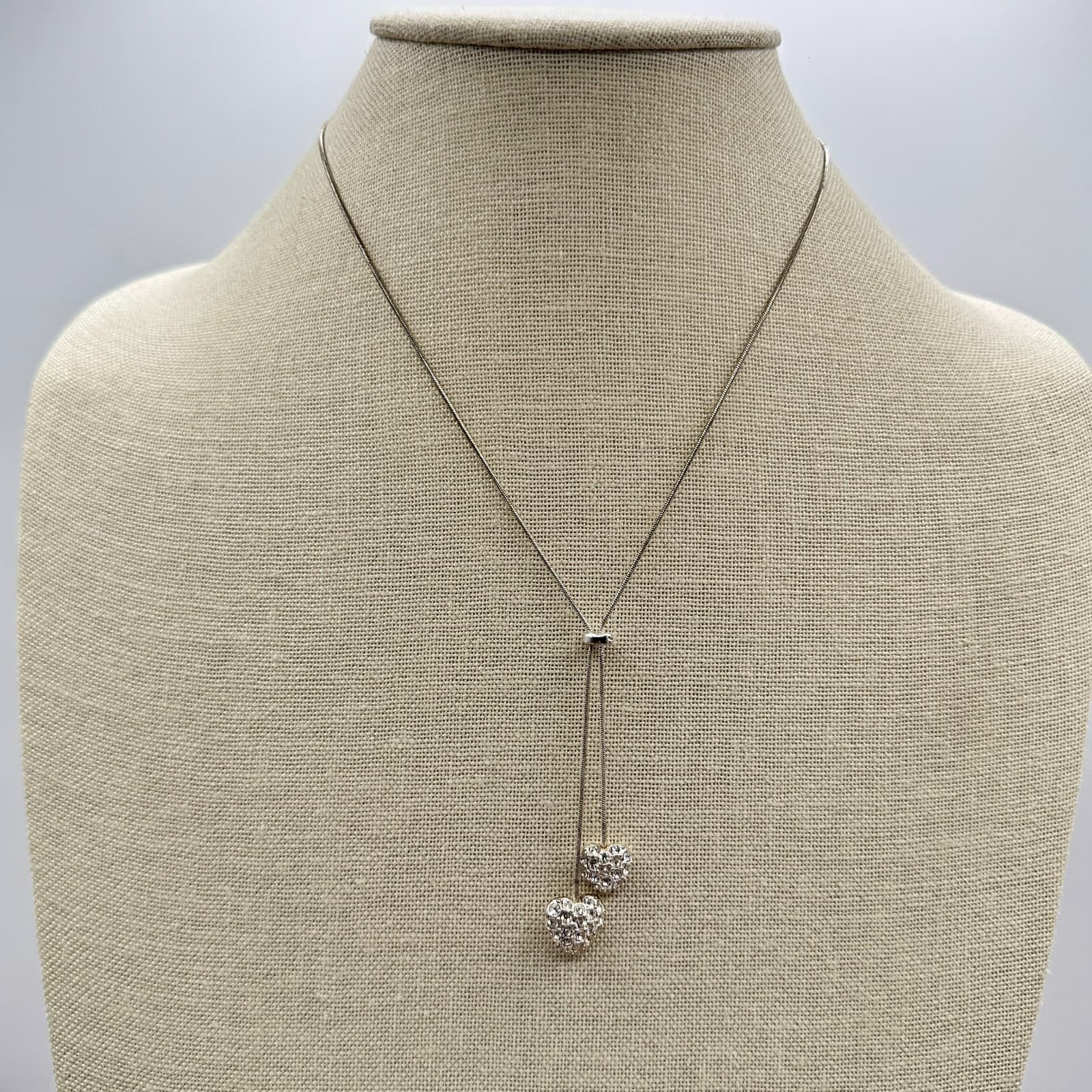 Vintage 90s Silver Pave Rhinestone Puffy Heart Lariat Necklace Tie Retro Jewelry - Thumbnail 5