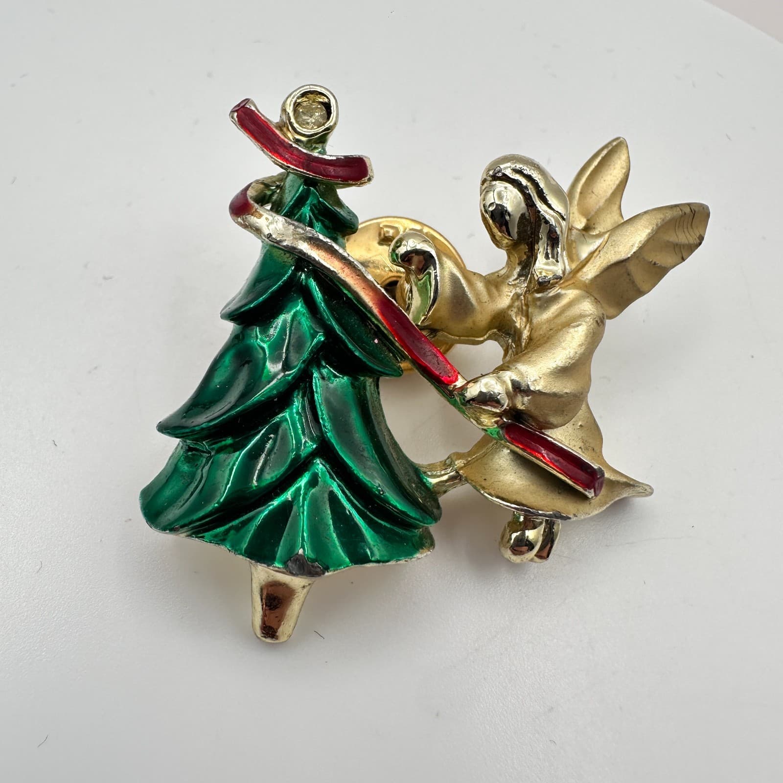 Vintage 90s Giusti Angel Christmas Tree Pin Brooch Gold Tone Enamel Jewelry - Thumbnail 3