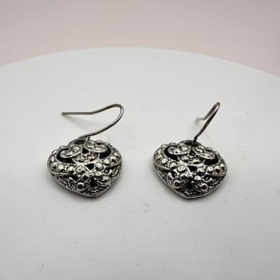 Vintage 90s Silver Tone Filigree Puffy Heart Dangle Hook Earrings Boho Fashion - Thumbnail 4
