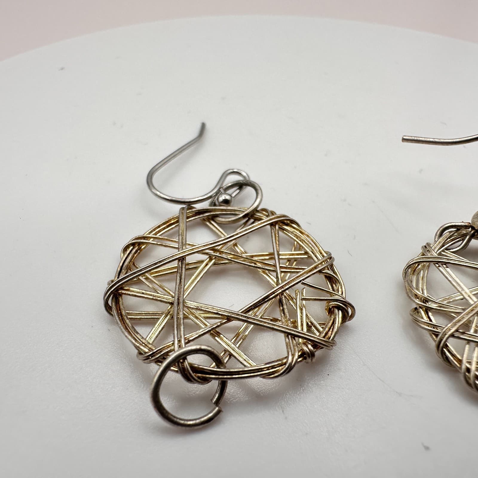 Vintage 90s Gold Tone Wreath Wire Wrapped Round Dangle Earrings Boho Jewelry - Thumbnail 5