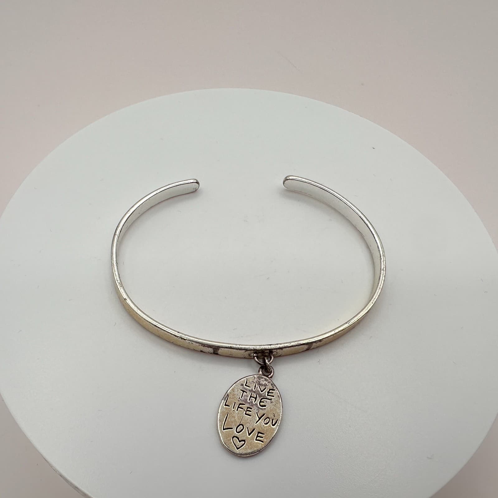 Vintage 90s Silver Tone Hand Bracelet Live The Life You Love Heart Charm Jewelry - Thumbnail 2
