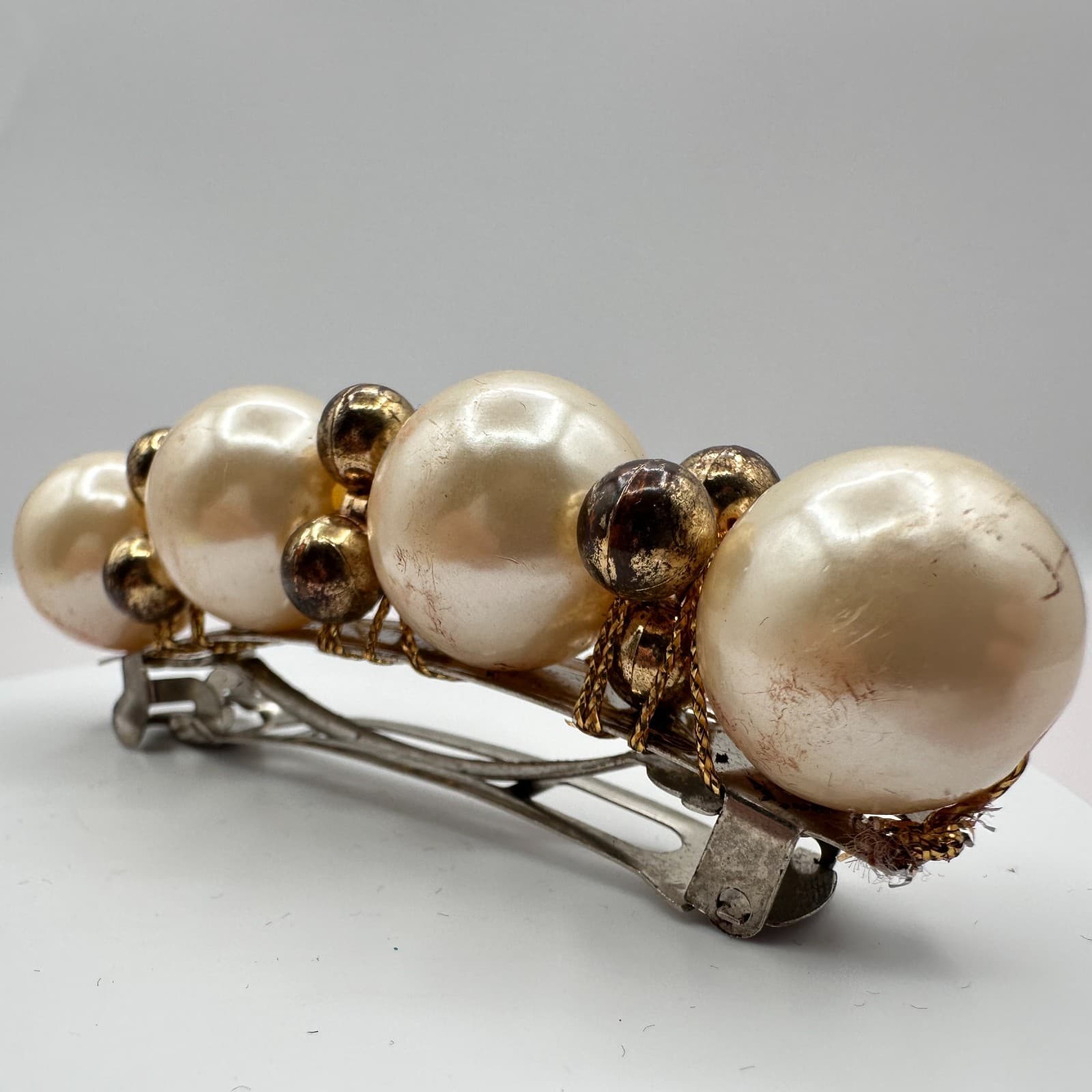 Vintage Y2K Faux Pearl Beaded Barrette Hair Clip Silver Tone Women's Jewelry - Thumbnail 5