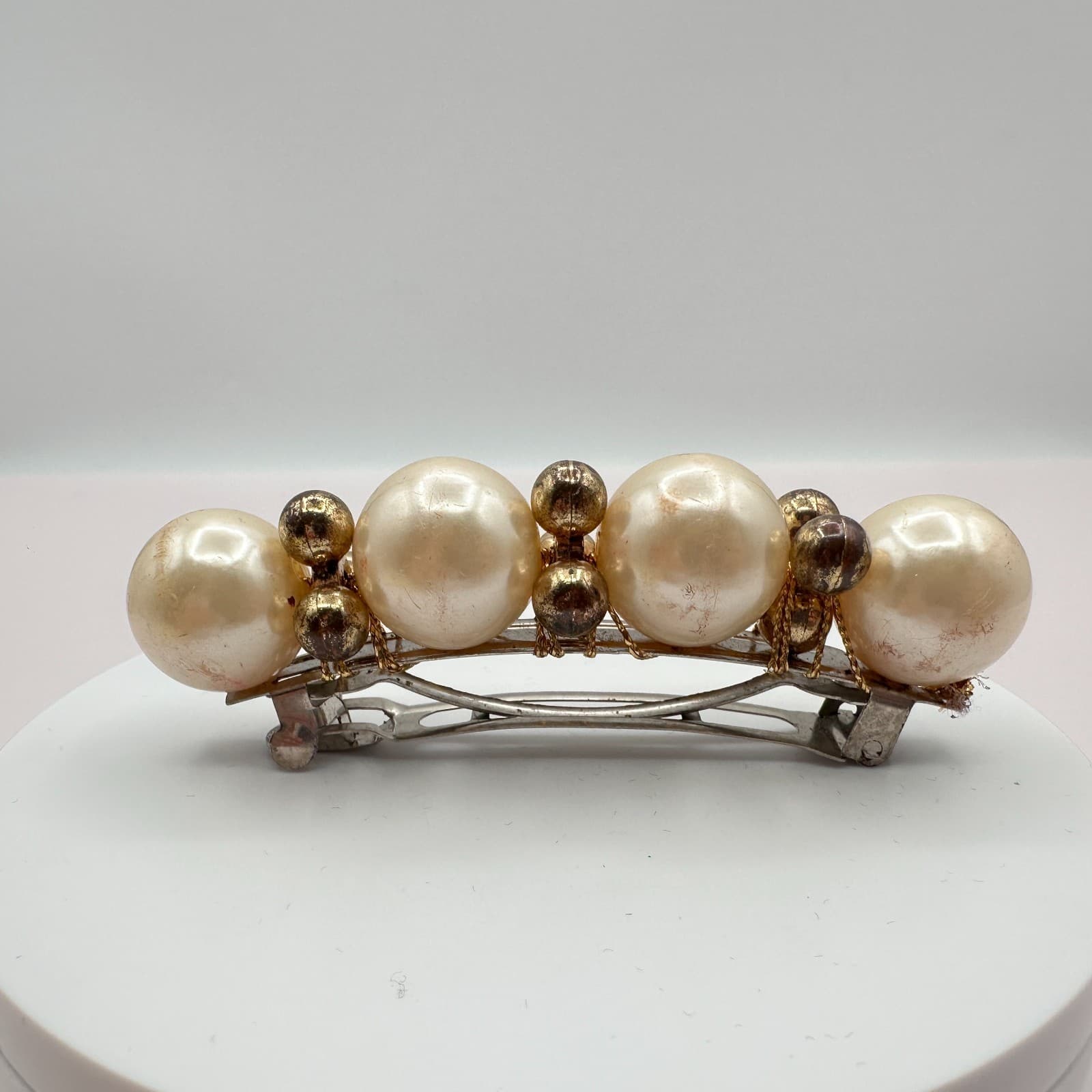 Vintage Y2K Faux Pearl Beaded Barrette Hair Clip Silver Tone Women's Jewelry - Thumbnail 2