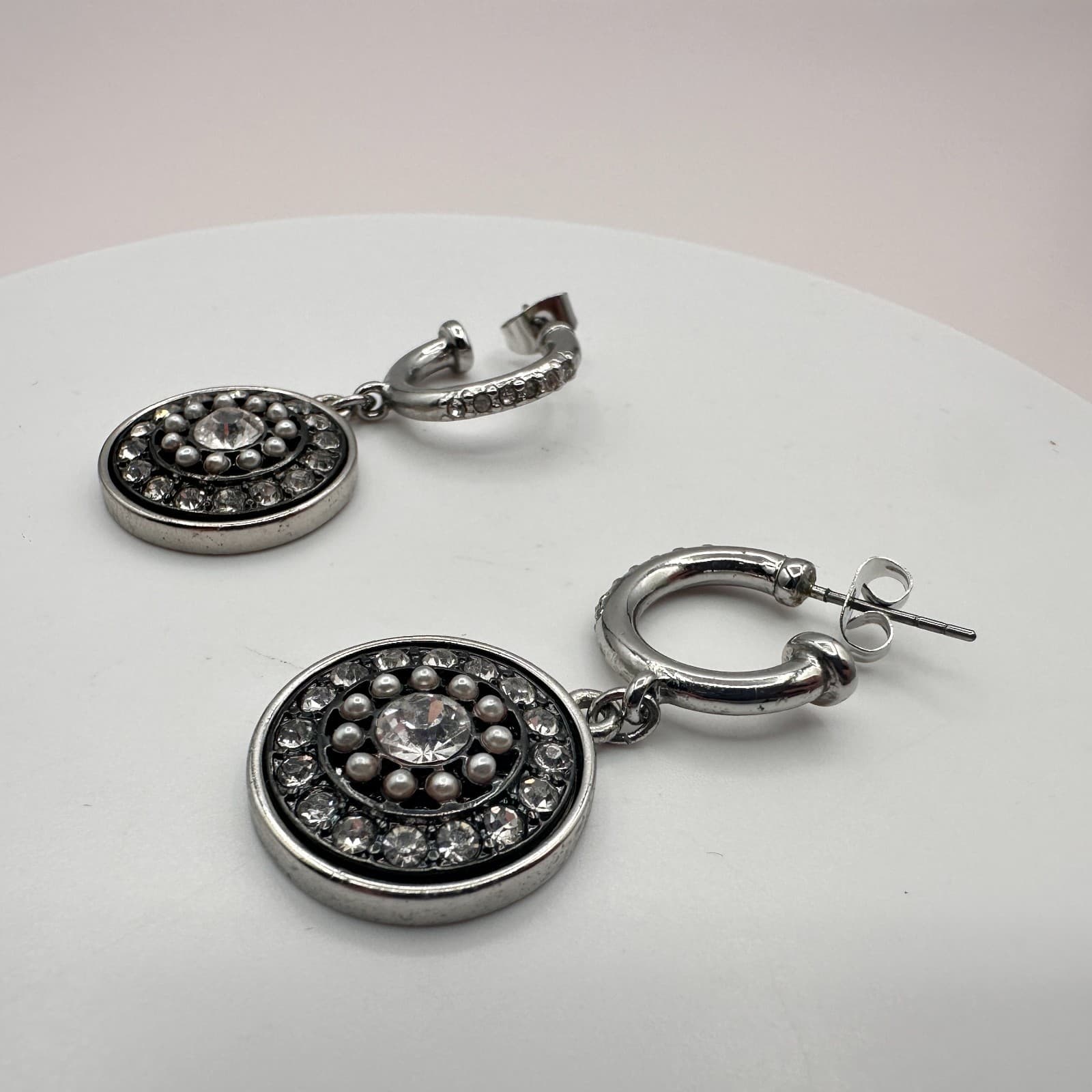 Vintage 90s Silver Tone Glass Dangle Hoop Earrings Boho Round Sunburst Jewelry - Thumbnail 3