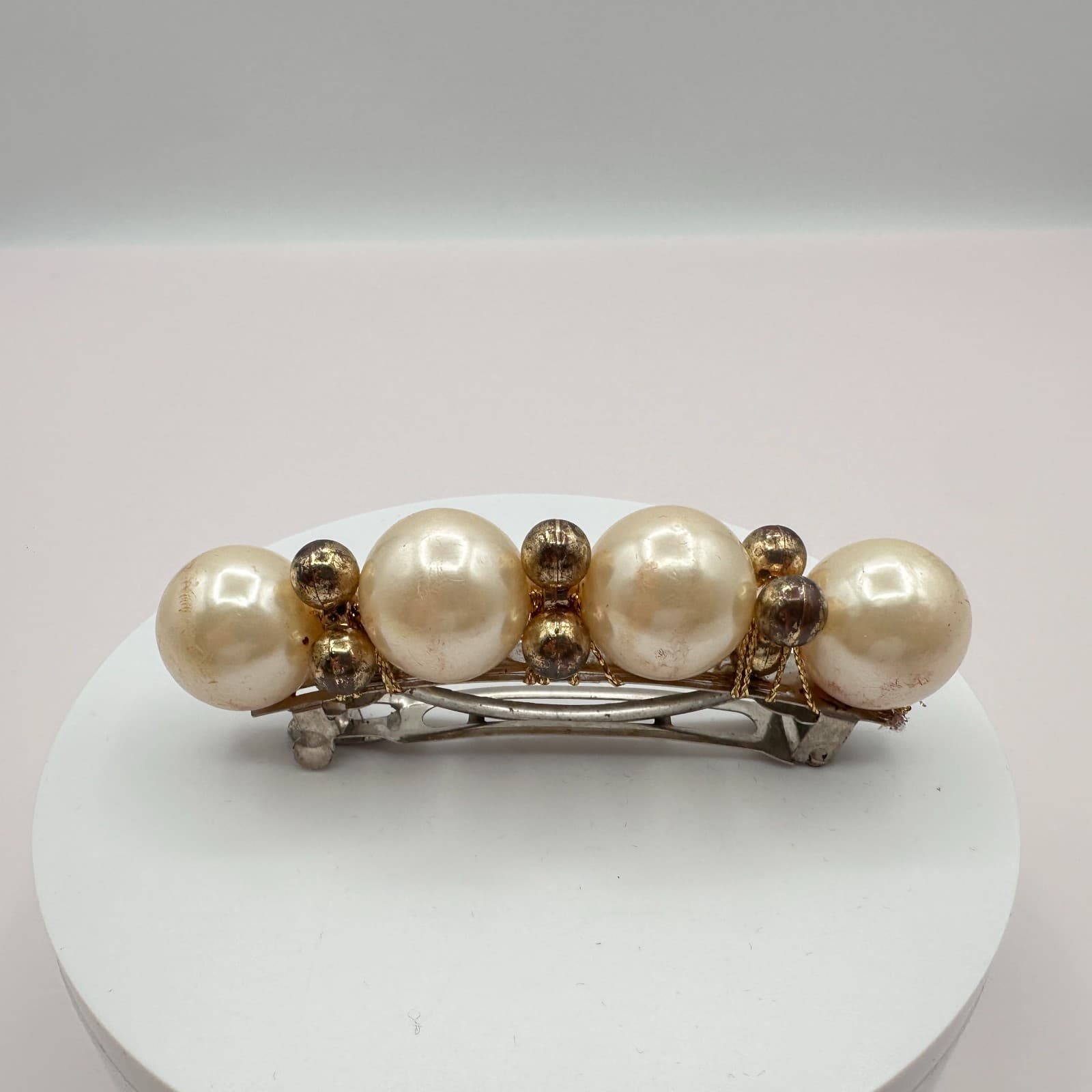 Vintage Y2K Faux Pearl Beaded Barrette Hair Clip Silver Tone Women's Jewelry - Thumbnail 3