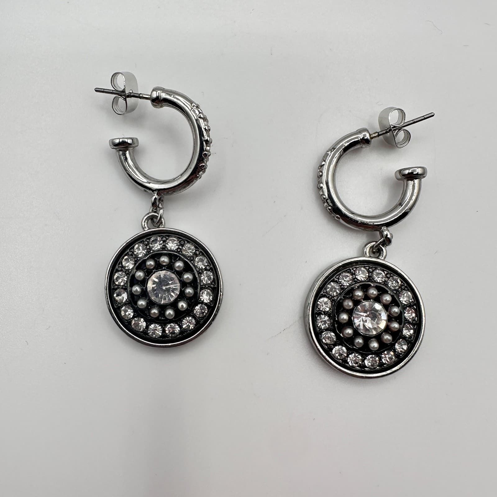 Vintage 90s Silver Tone Glass Dangle Hoop Earrings Boho Round Sunburst Jewelry - Thumbnail 2